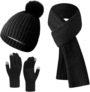 طقم قبعة صغيرة شتوية ووشاح وقفازات للنساء، وشاح طويل منسوج وقفازات تعمل باللمس للطقس البارد
