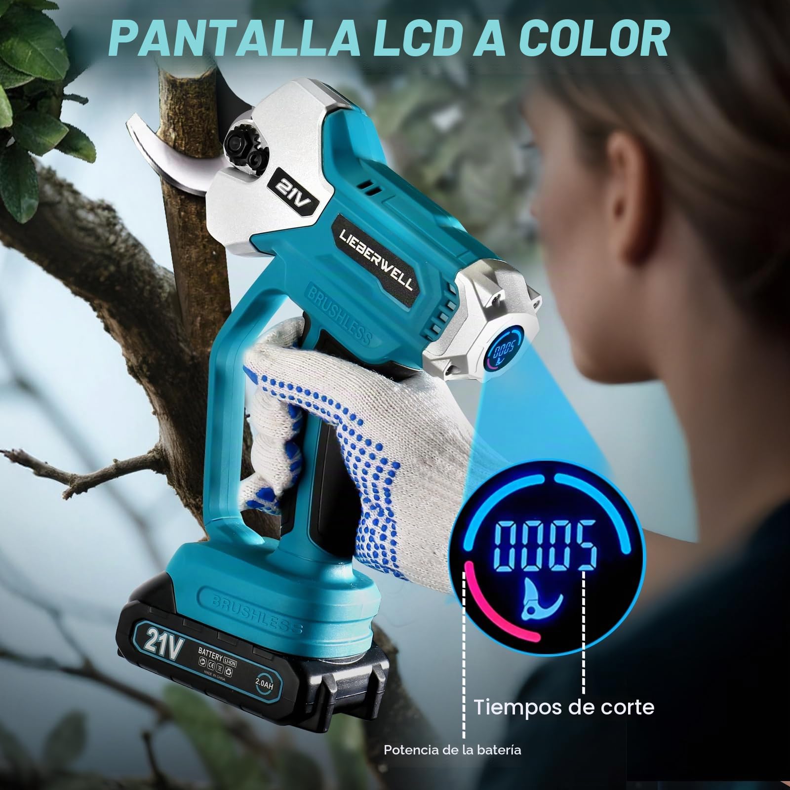 Tijeras Eléctricas para Ramas para Makita Batería 18V, 600W Tijeras de Podar Profesionales con 2 Baterías de 2000mAh, Motor sin Escobillas Manual con Contador de Cortes LCD, Diámetro de Corte de 35mm