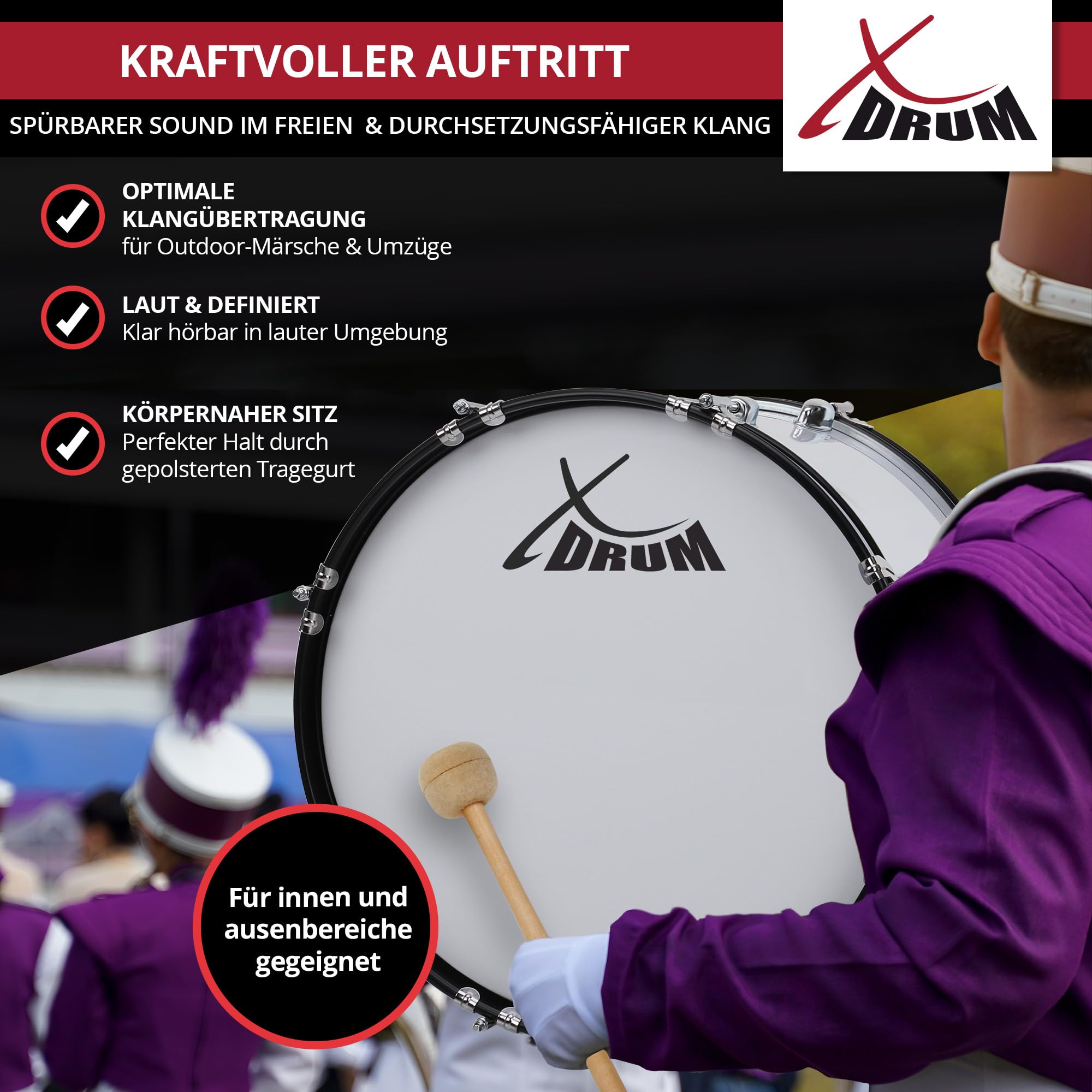 XDrum MBD-224 Cassa da Marcia 24" x 12" - grande cassa da marcia - 8,5 kg - 4 occhielli di fissaggio - 8 viti di tensione per lato - incl. mazzuoli, tracolle e chiave di accordatura - bianco