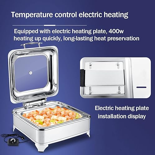Miniatura 4 de Aprilhp Calentador de alimentos de 9 litros, juego de bufé rectangular con tapa visible de vidrio y control de temperatura, servidores de bufé y