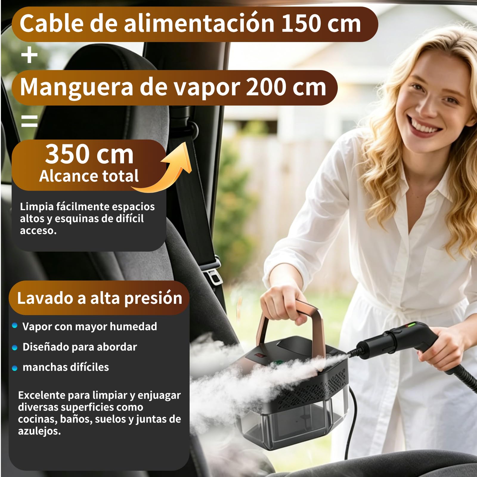 Limpiador de vapor portátil 2500W con mando graduado en el mango, 8 boquillas, depósito 1800 ml, 3 niveles de vapor, 15 segundos de calentamiento, para coche cocina baño tapicería barbacoa
