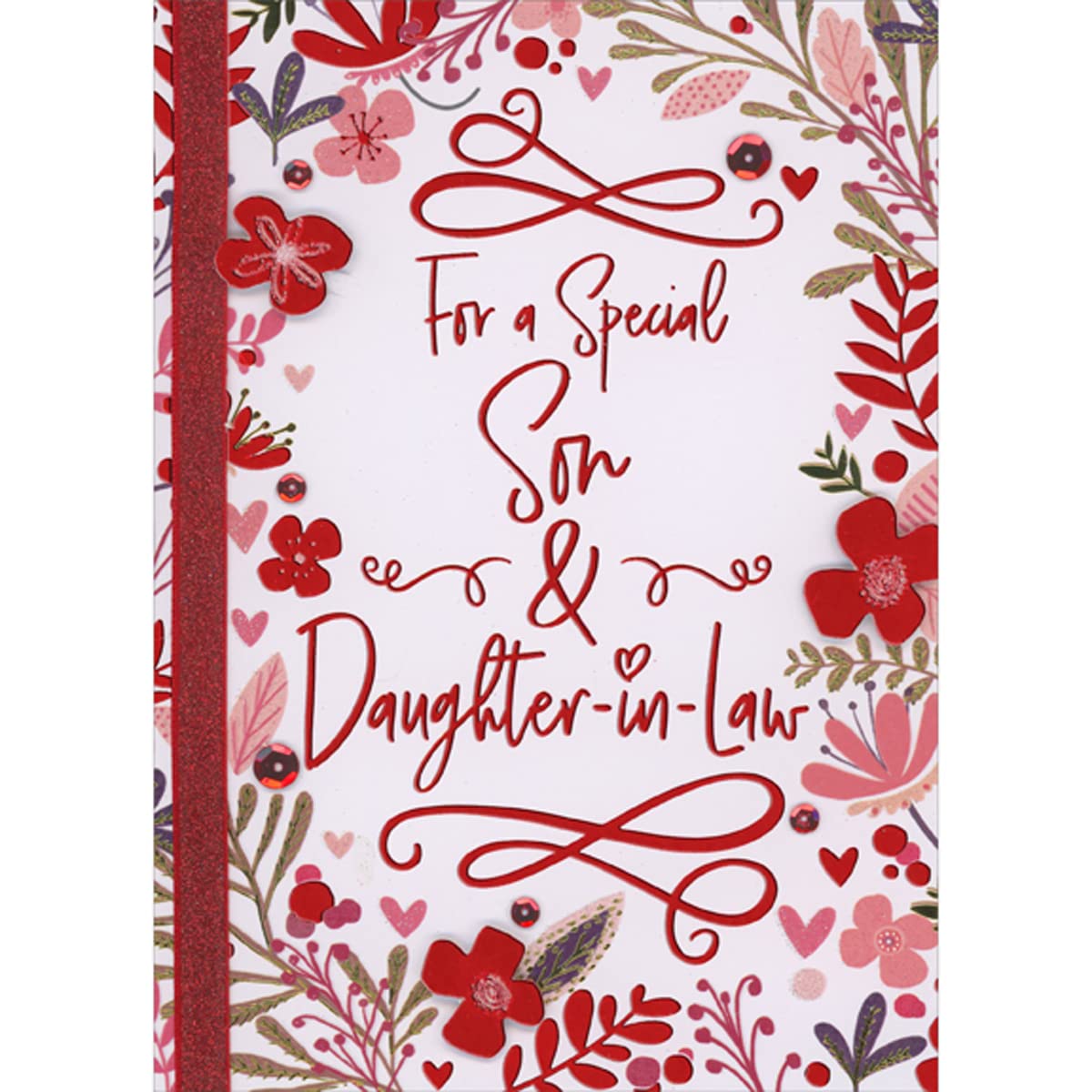 Designer Greetings Three Small Red Foil 3D Die Cut Flowers, Red Ribbon and Sequins and Gold Foil Vines Hand Decorated Valentine's Day Card for Son and