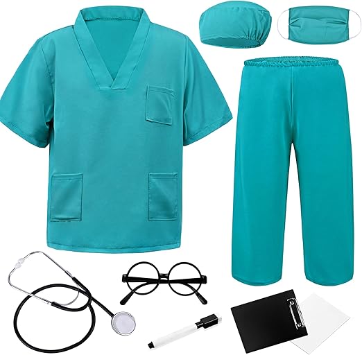 Doctor Costume for Kids & Toddlers 9Pcs Scrubs Set for Boys & Girls Ages 3-12, Halloween, Career Day, Dress-Up Play