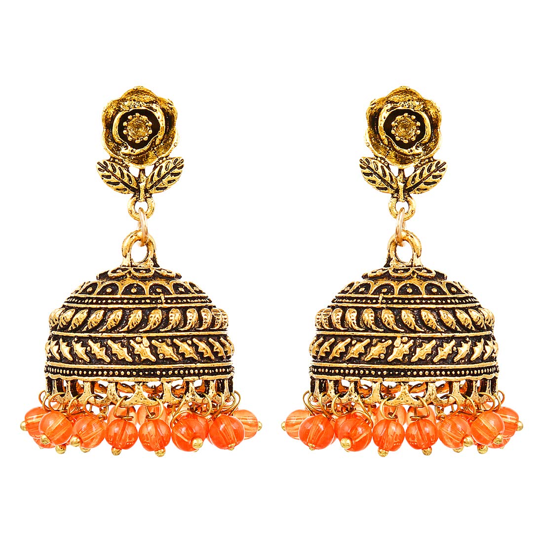 Saissa Gold Plated Oxidised Metal Jhumka Earrings for Girls and Women, Orange