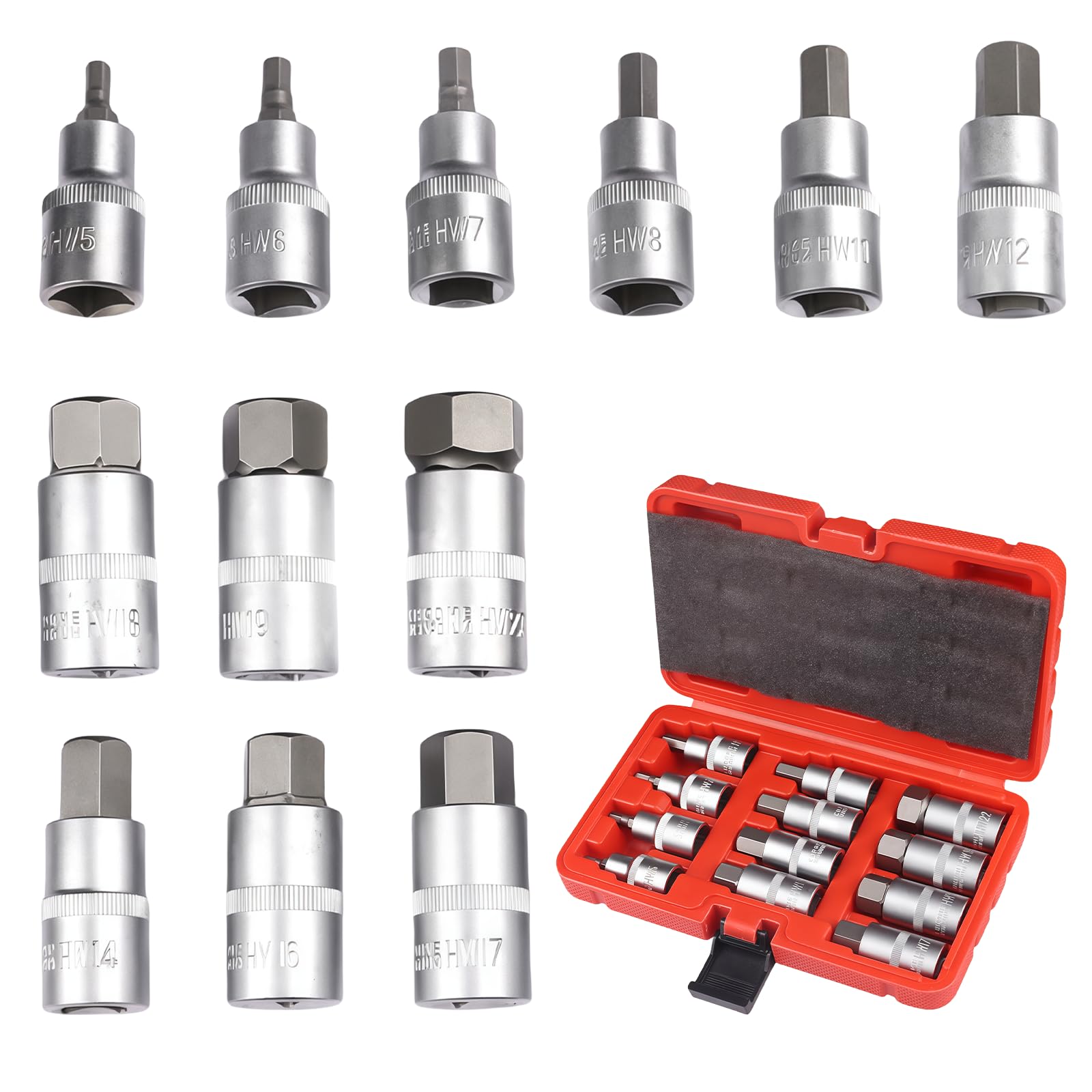 Juego de 12 boquillas Allen 1/2" con estuche de plástico, hexagonal de 5-22 mm, 1/2" para Allen, juego de puntas hexagonales 5-22 mm