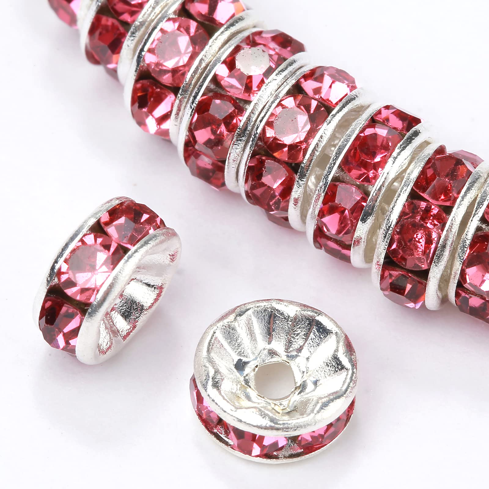 100Pcs Rondelle Spacer Beads Crystal Charms Silver Plated Czech Rhinestone Loose Beads for Jewelry Making DIY Bracelets (Pink, 4mm)