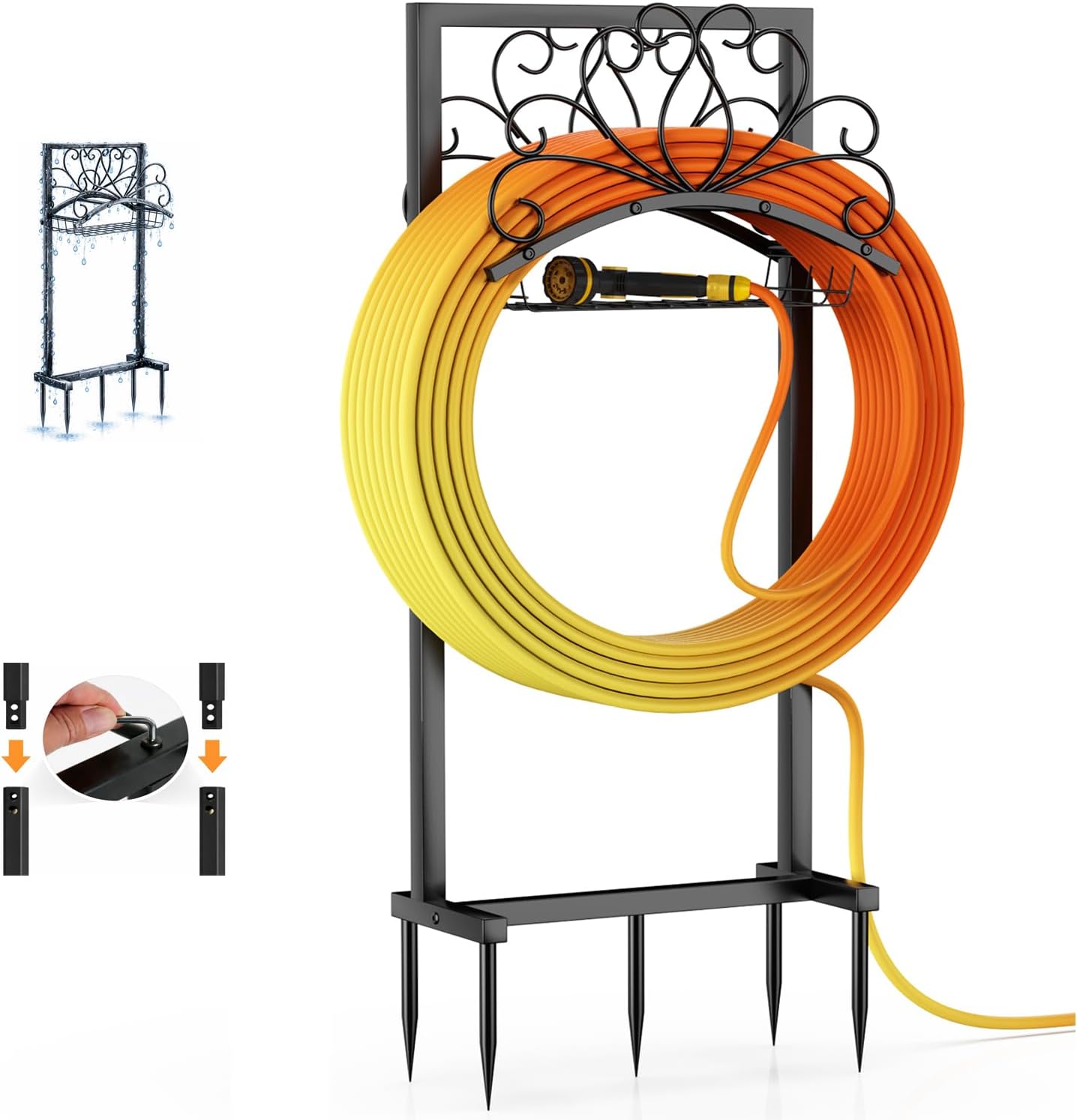 Garden Hose Holder, Heavy-Duty Metal Water Hose Holder with Detachable Storage Basket, Freestanding Hose Stand & Organizer for Outside Yard Lawn, Rust-Resistant Hose Rack for Easy Hose Storage