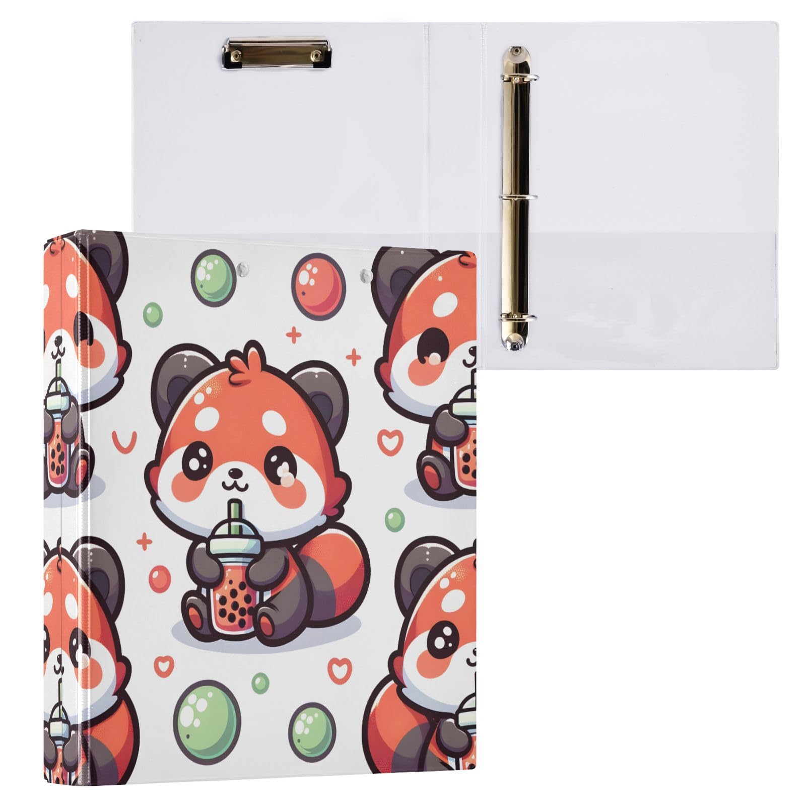 Raccoglitore a 3 anelli con simpatico panda rosso con cartone animato Bubble Tea, 3,8 cm, 200 fogli, formato A4, per casa, scuola, ufficio, confezione da 1