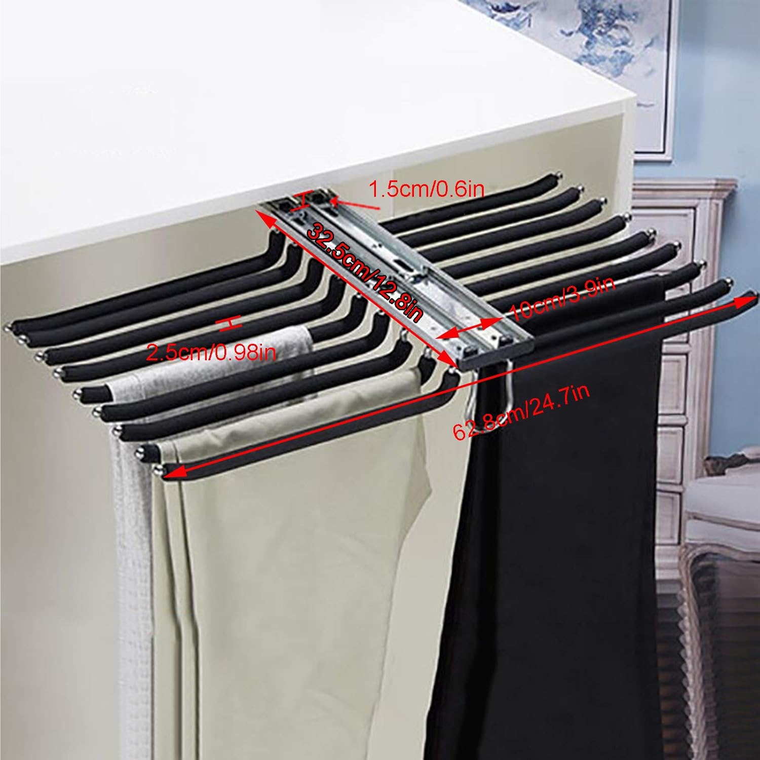 Pull-Out Trousers Rack Drawer,Pants Hangers,Multi Functional Pants Rack,Space Saving,Easy Installation,Non-Slip,Can Store 18 Pairs of Pants (Black)