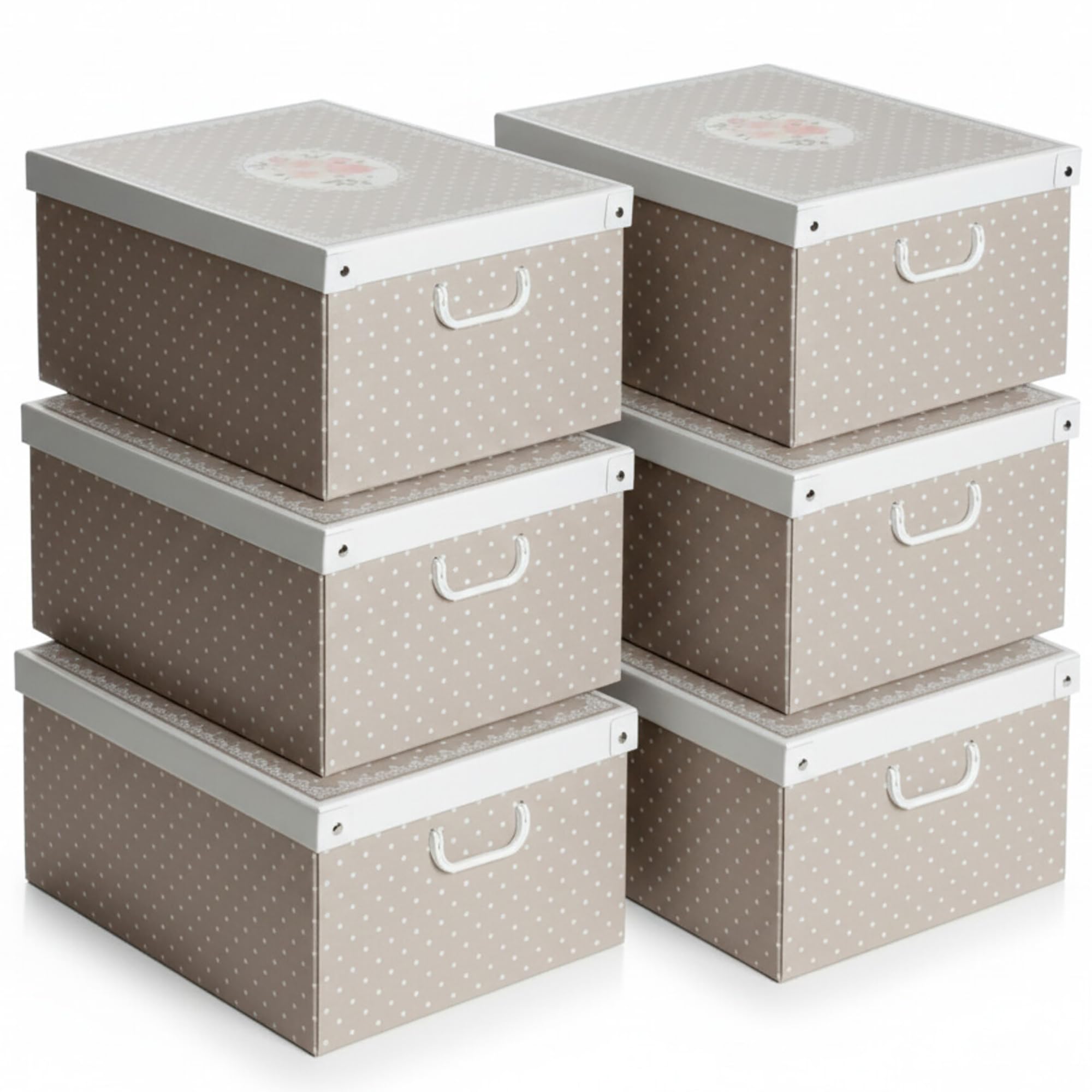Set aus 6 Aufbewahrungsboxen mit Deckel – Große Kleiderboxen aus Karton 39x50x24 cm – Robust, leicht zu montieren, mit Tragegriffen – Perfekt für Kleiderschrank & Saisonwechsel Punkte