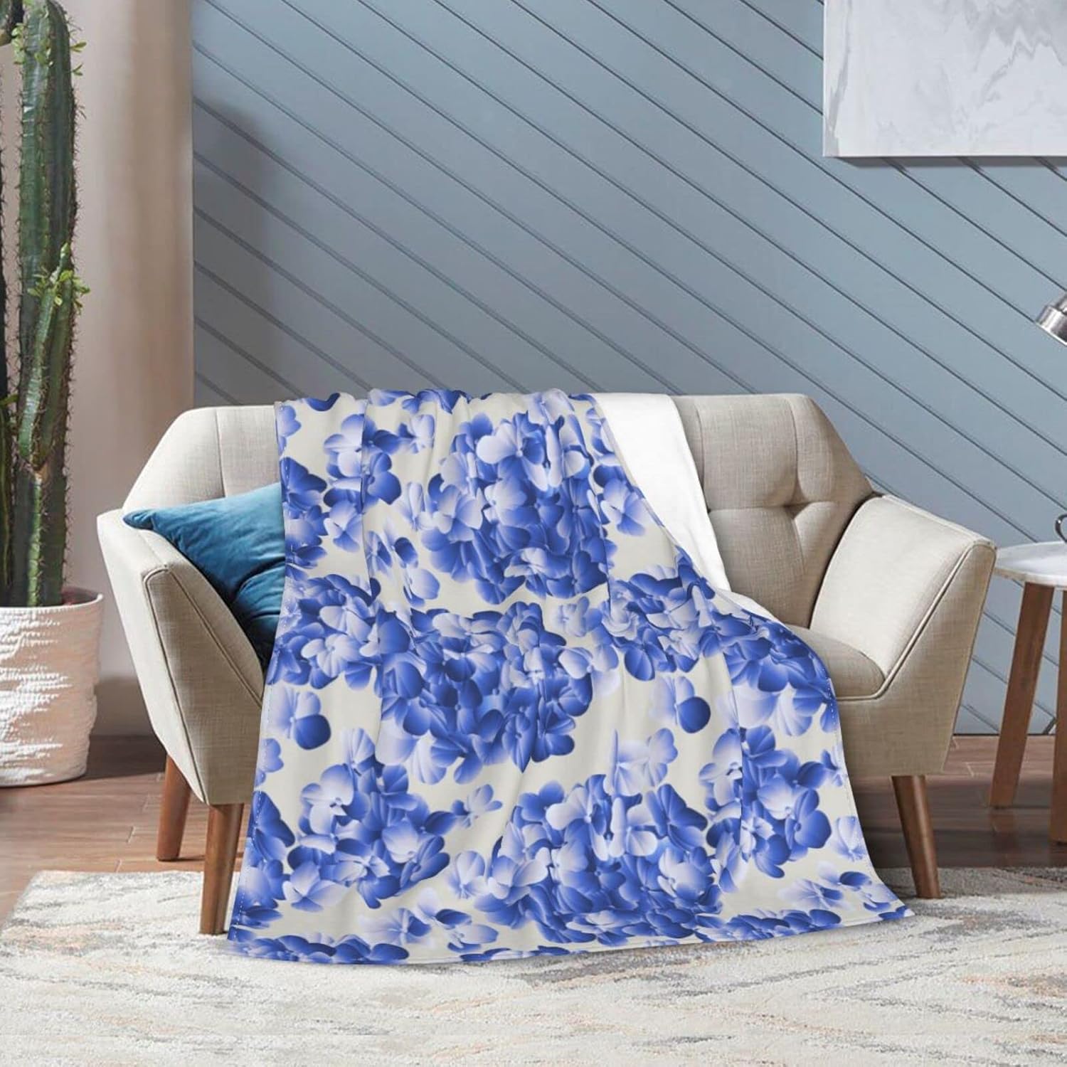 プリント毛布 ブルー あじさい柄 ソフトフランネル毛布 超あったか快適 シングル毛布 毛玉防止 洗える ソファベッド用80x60in