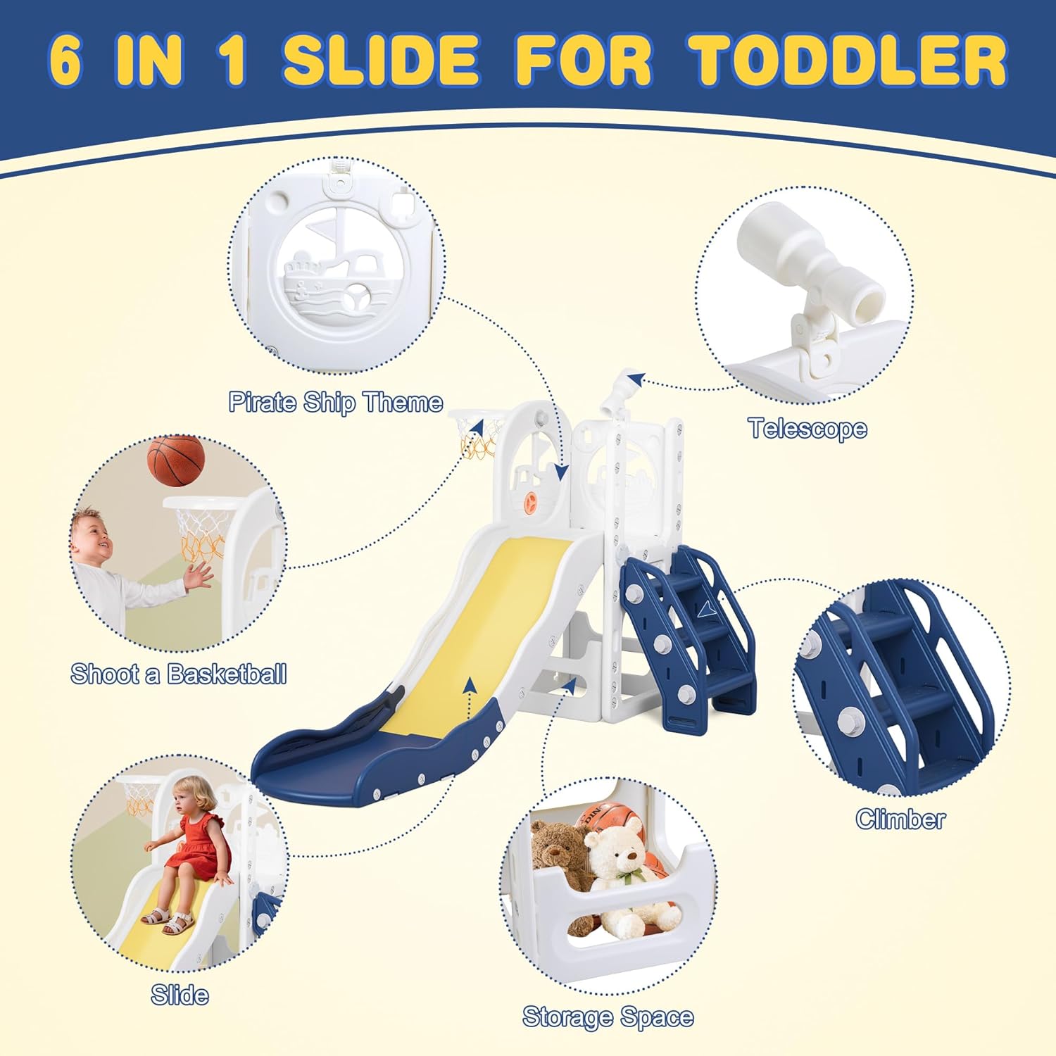 6 in 1 Toddler Playset Toddler Slide and Climber Playset, L-Shaped Kids Slide with Basketball Hoop, Telescope & Storage, Sturdy Indoor Outdoor Playground, for Boys Girls 1-3+