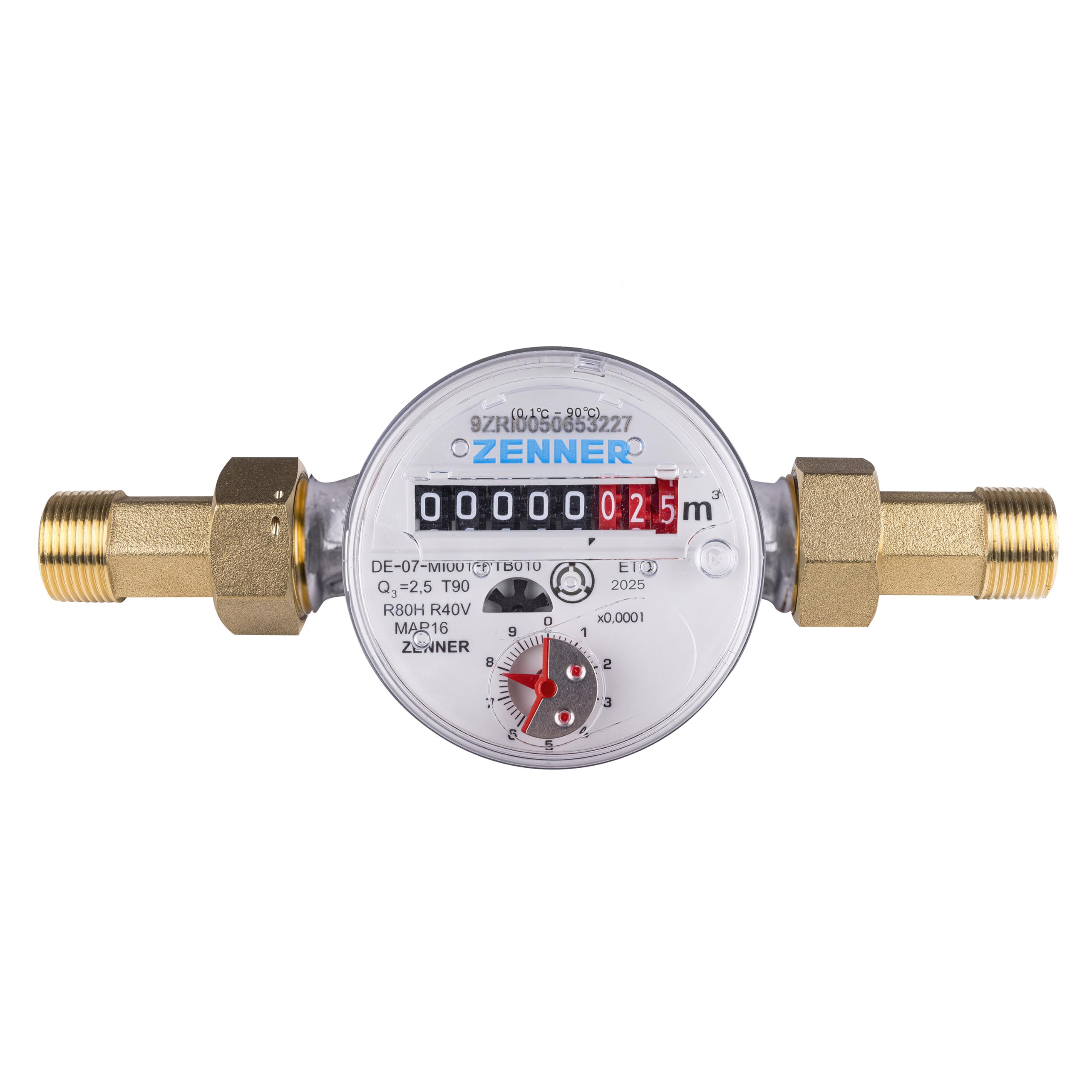 Zenner Contador de agua fría y caliente, 1/2 pulgadas, 110 mm de longitud, con atornillado, año de fabricación 2026 Q3 2,5