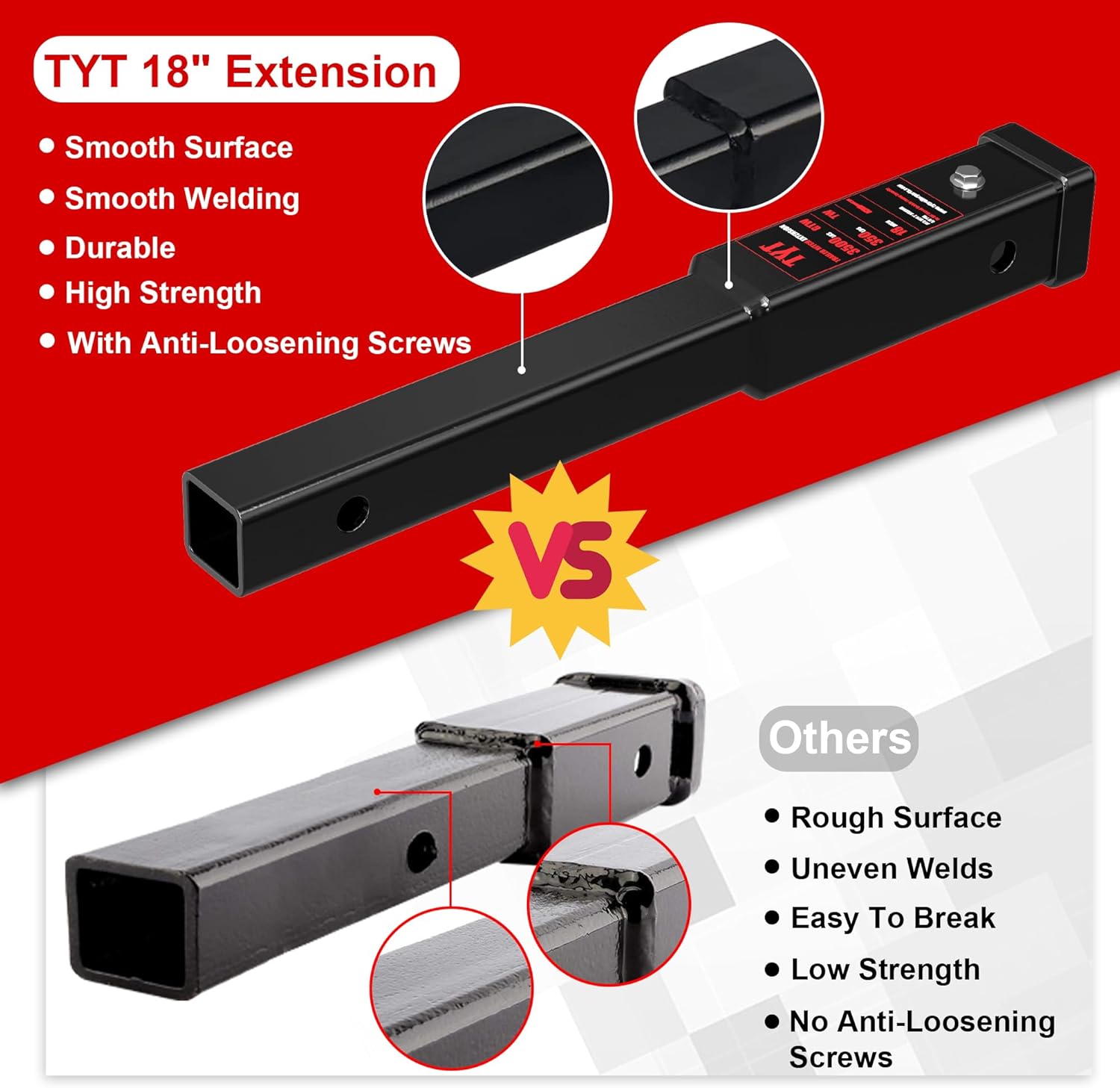 TYT Trailer Hitch Extension 18" inch, Trailer Extender for 2-inch Receiver with 5/8" Advanced Hitch Pin, 3500 lbs GTW / 350 lbs TW