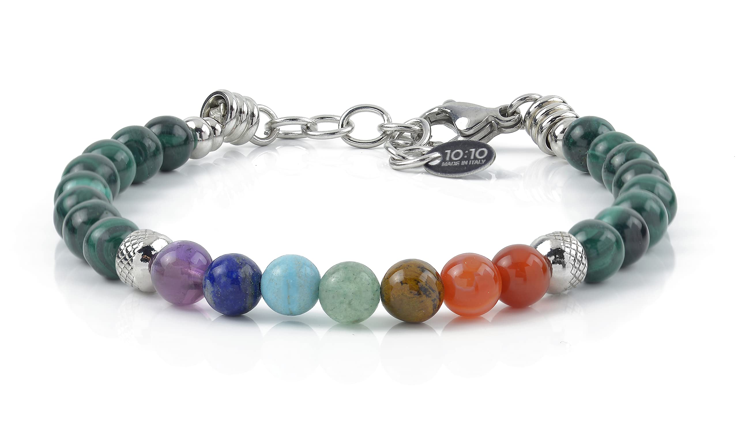 10:10 Set di 3 Bracciali in acciaio inox e pietre dure naturali, Braccialetti uomo donna perle colorate regolabili bracciali molto resistenti Made In Italy…