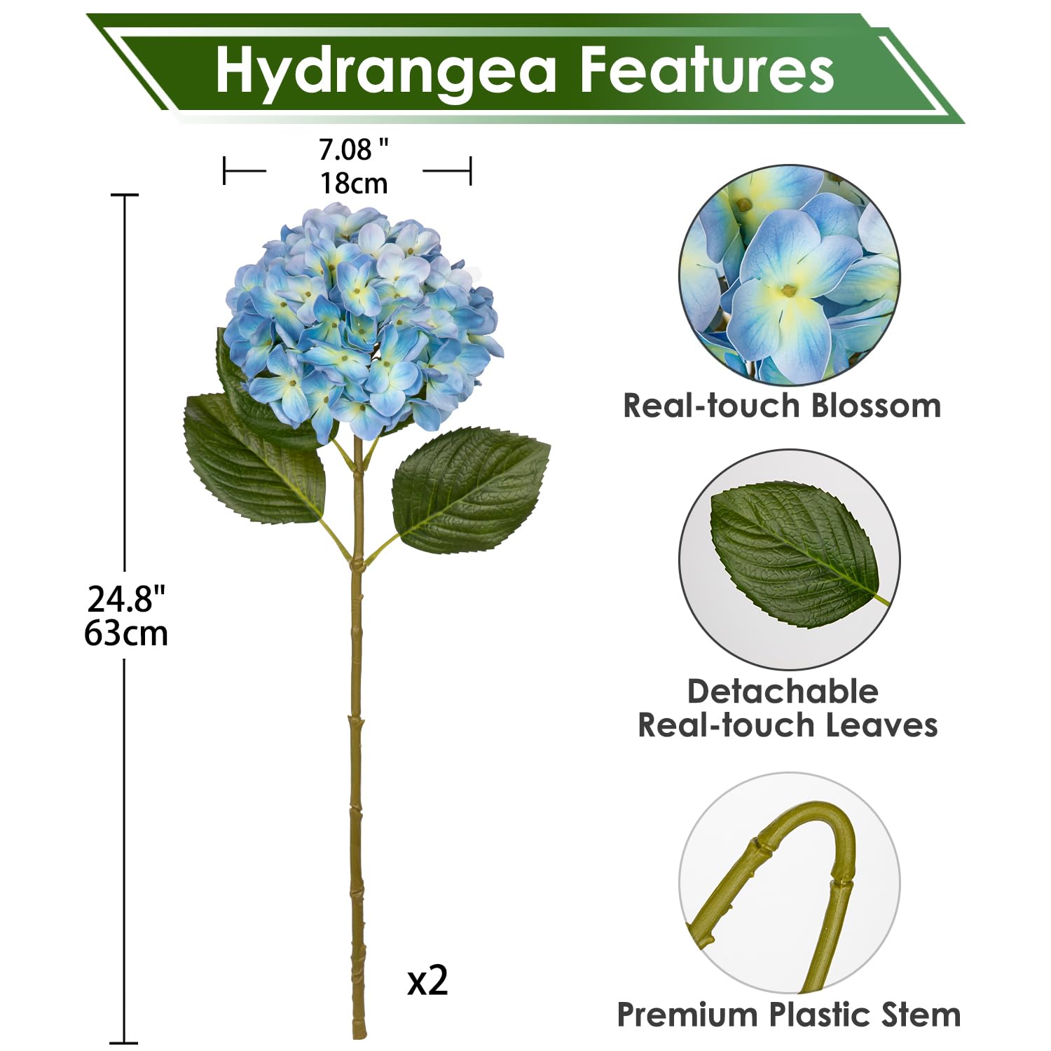 Briful Hydrangea Artificial Flowers Real Touch Hydrangea Flowers 24.8" Blue Fake Flowers Artificial Plants with Long Stem for Outdoor Garden Wedding - Image 2
