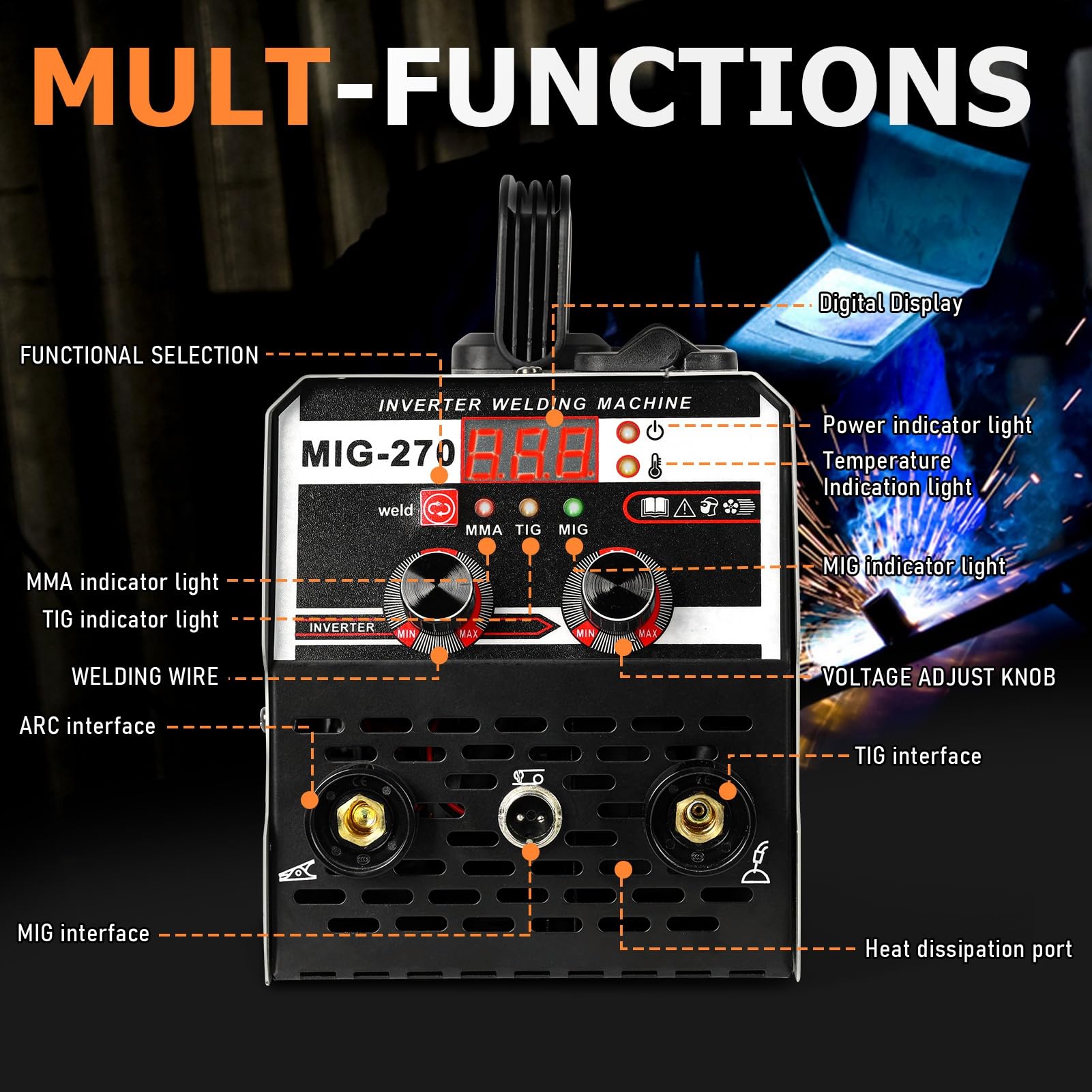 Estación de soldadura MIG multifuncional, potente y portátil, pantalla digital LED, soldadura MIG/TIG/ARC, sin gas, ideal para acero y aluminio, soldador inversor para talleres y Bricol