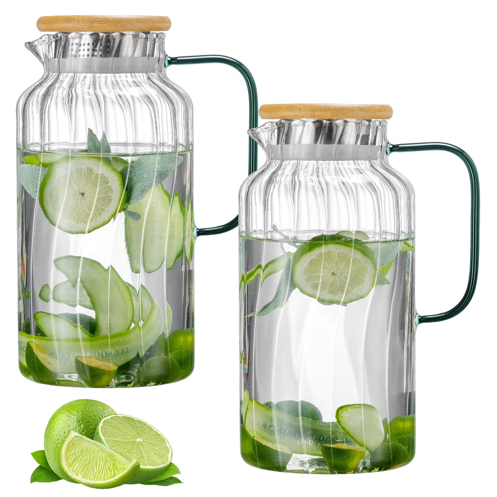 Buaic Confezione da 2 brocche in vetro con coperchio, 2 litri, classiche a righe verticali, con coperchi in bambù, caraffa per acqua fredda, caffè, limonata, tè al sole freddo, bevande, brocche in