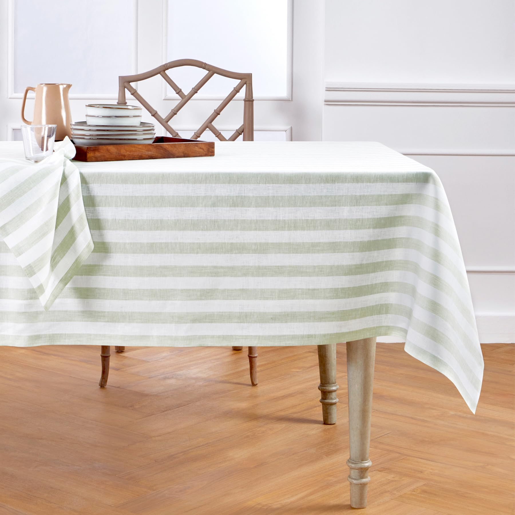 Photo 1 of Solino Home Linen Striped Tablecloth 60 x 108 Inch - 100% Pure Linen Sage and White Table Cloth for Rectangle Tables - Sorrento Stripe, Machine Washable Tablecloth for Summer