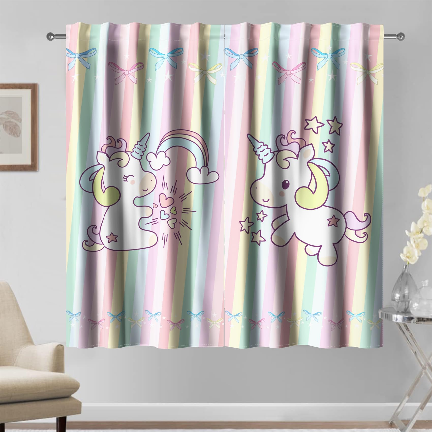 Kzzfqxb Cortinas Rosas de 107x160cm 2 Paneles, Rayas de Colores Rosas Lazo de arcoíris Hermosas para habitación de niños, niñas, bebés, Dormitorio, Sala de Estar