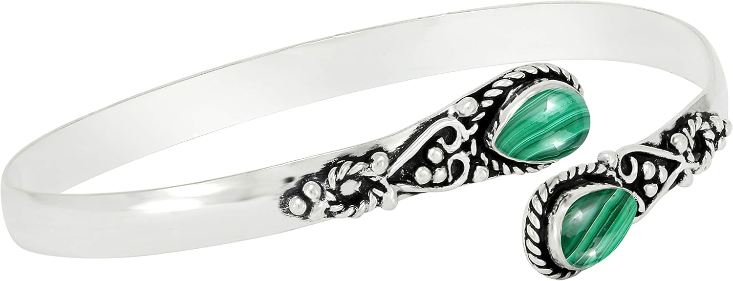 Pear Shape Natural Gemstones Bangle for Women - 925 Sterling Silver Plated Handmade Cuff Bracelet - Birthstone Adjustable Open Bangle Jewelry - Gift for Wedding Anniversaries Valentine's Day Christmas - Image 2