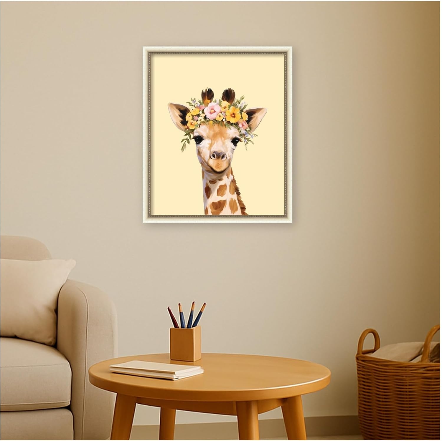 Kate and Laurel Framed Canvas Wall Art Print Giraffe by Honey Island Studio, 22 x 26, Belmont Distress White Frame, Whimsical, Animal Art for Wall Decor