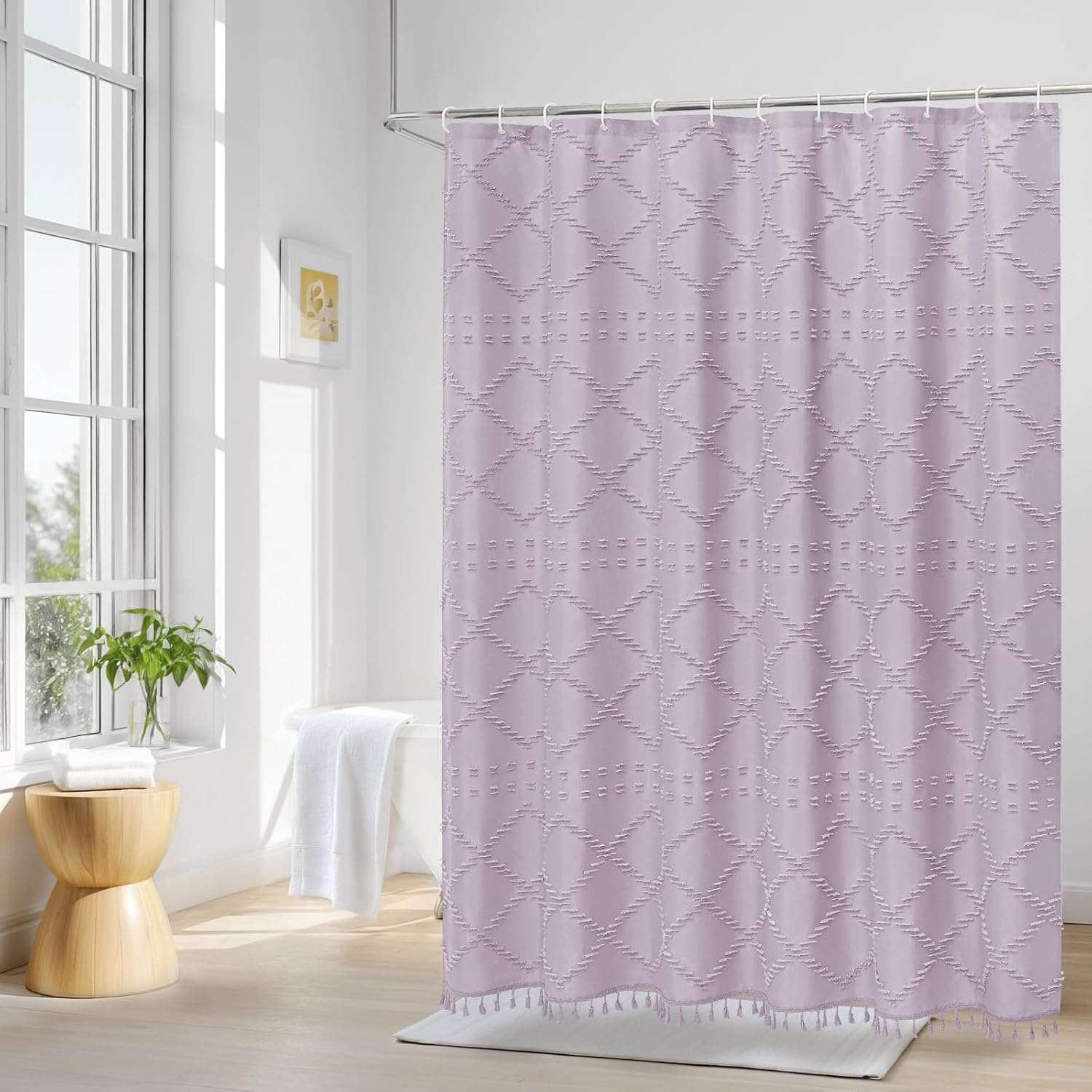 Boho Lavender Woven Fabric Shower Curtain with Tassel 72 x 72, Bohemia Tufted Chevron Striped Chic Textured, Waterproof Modern Farmhouse Minimalist Purple Cloth Curtain for Bathroom