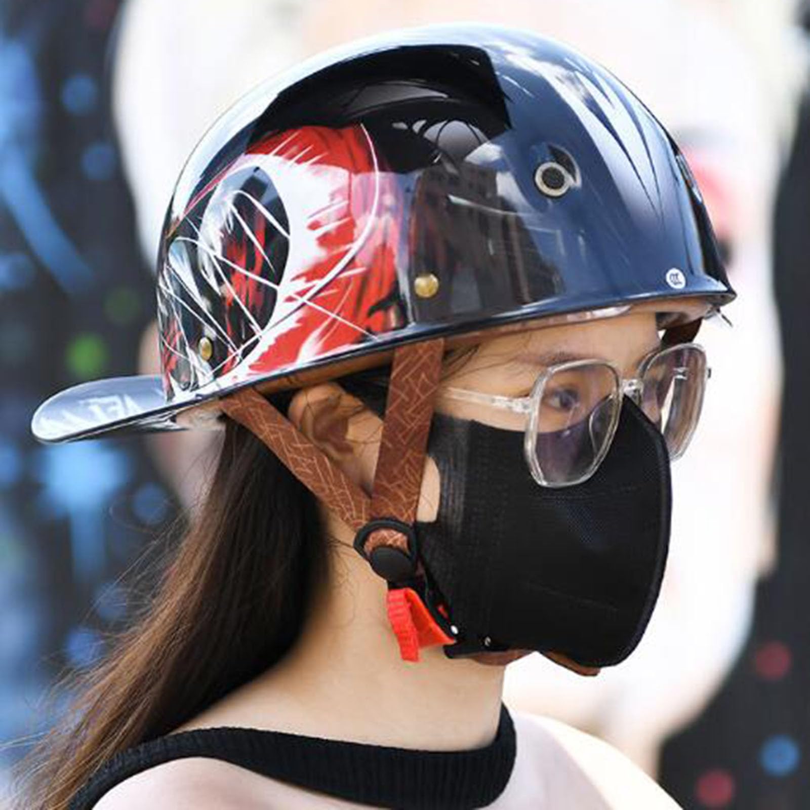 Zwarte Motor Halfhelm ECE/DOT Goedgekeurd, Mode Motorfiets Scooterhelm, Brain Cap Helm Heren Dames, Motorfiets Halfbromfietshelm Met Dubbele Zonneklep (Color : B, Size : One size