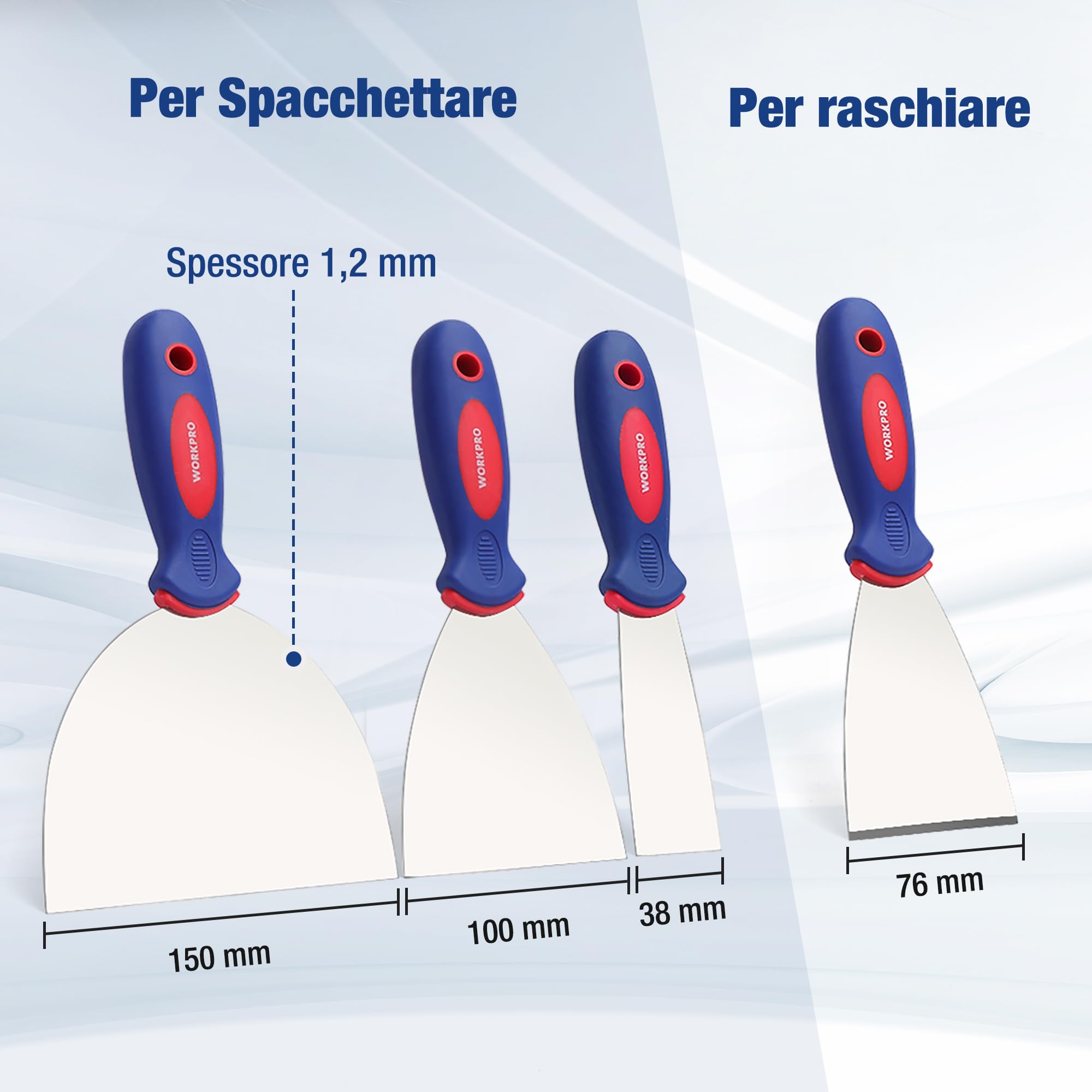 WORKRPO Set Spatole 4 Pezzi in Acciaio Inossidabile 38mm 76mm 100mm 150mm