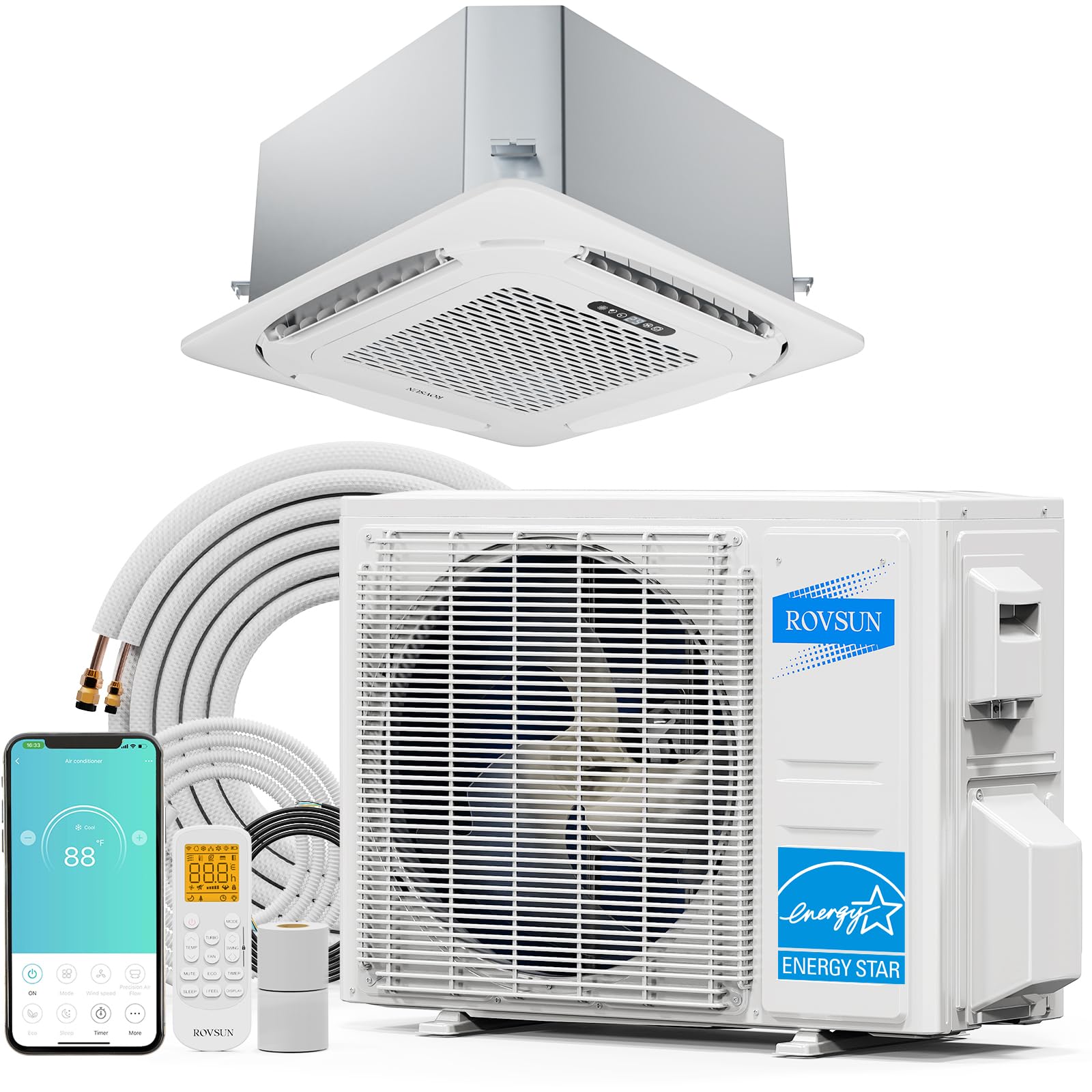 Sistema de calefacción minisplit ROVSUN de 12000 BTU con casete de techo inteligente, wifi, con control por aplicación Inverter, 24 SEER2, aire acondicionado sin ductos con condensador precargado, kit de instalación de bomba de calor de 230 V.