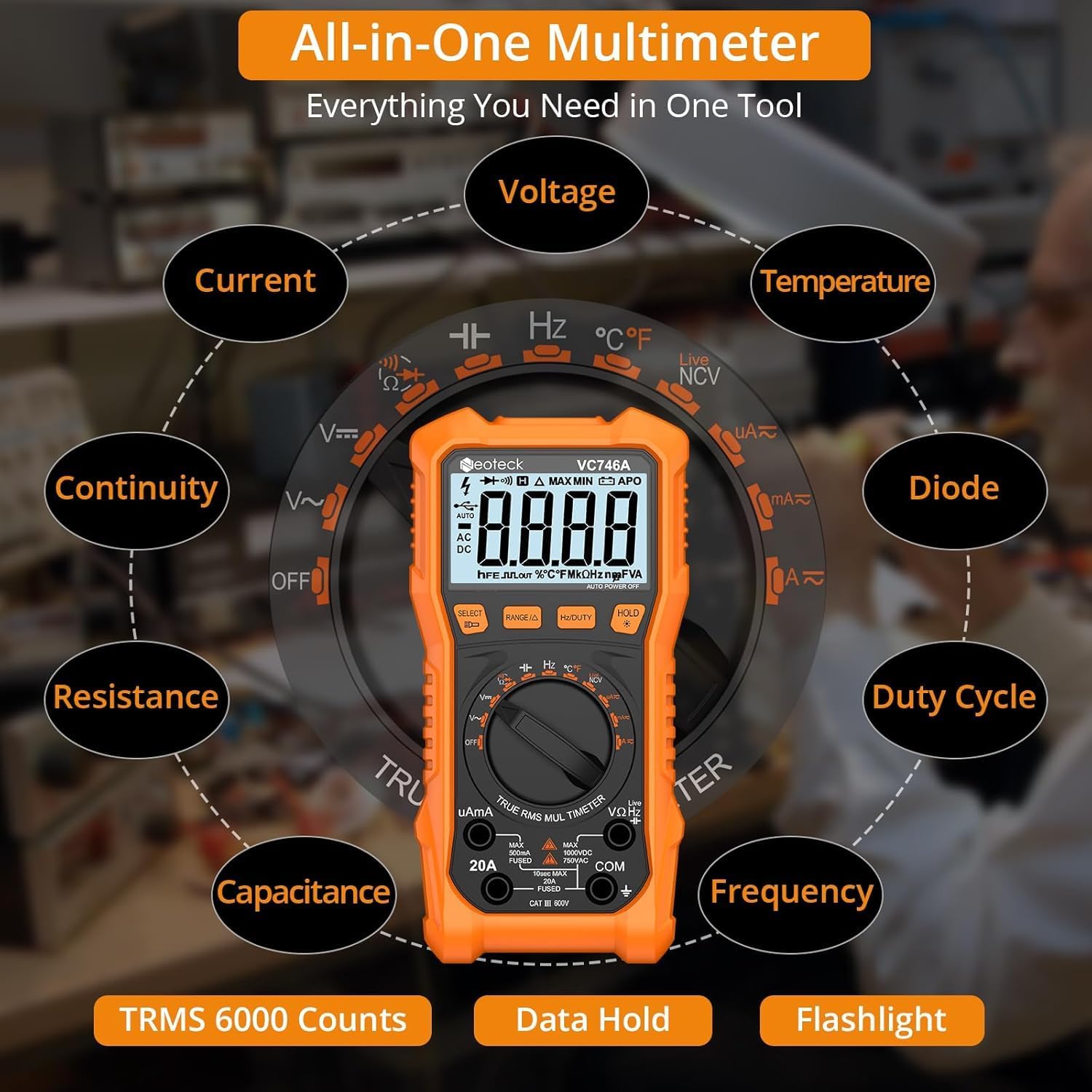 Neoteck 6000 Counts Digital Multimeter for DC AC Voltage/Current TRMS Voltmeter with Test Probe Auto Range Multimeter with NCV Live for Temperature Capacitance Resistance Diode Continuity-Orange