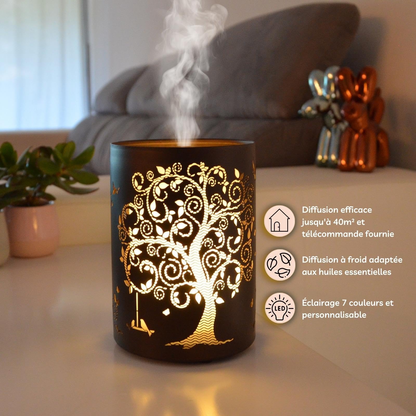 ZEN ARÔME Diffuseur d’Huile Essentielle Vita – Diffuseur Ultrasonique Aromathérapie à Froid - Diffuseur Électrique Parfum Maison avec Télécommande - Éclairage LED Effet Bougie – en Métal et Verre