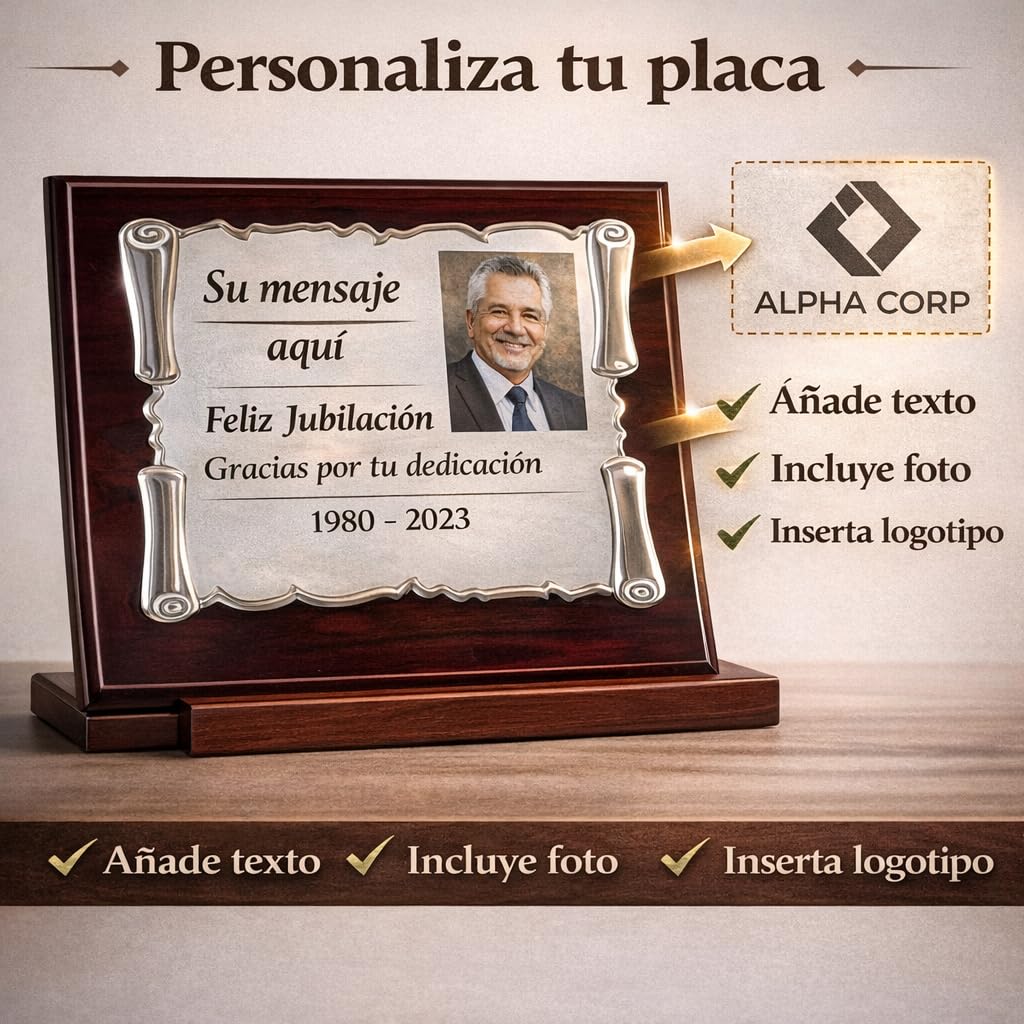 Placa Conmemorativa Personalizada con Foto o Logotipo – Grabado Láser a Medida – Placa Homenaje para Jubilación, Empresa o Agradecimiento – Incluye madera y Estuche (actual)