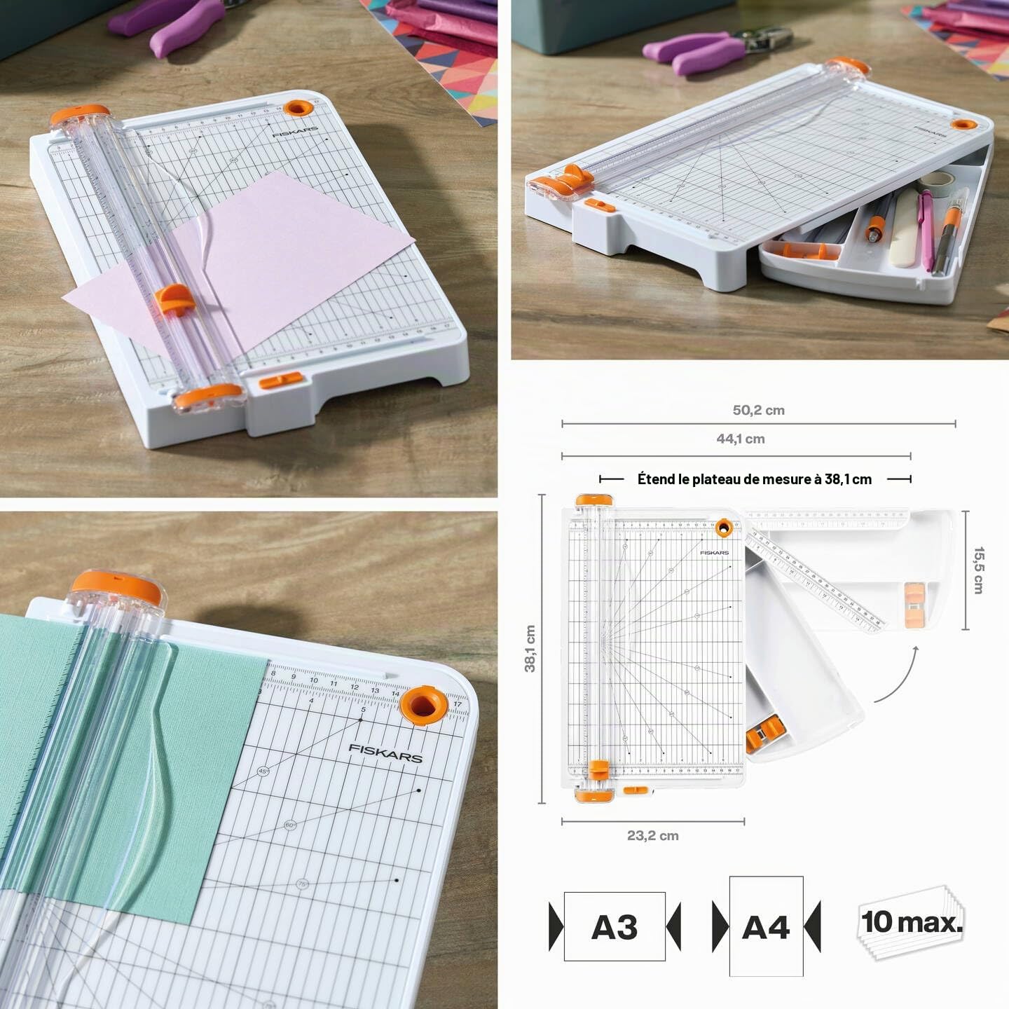 Fiskars, Massicot avec Tiroir de Rangement, SureCut, Format A4 Vertical | Format A3 Horizontal, Ligne de Coupe, 3 Lames de Coupe TripleTrack Incl., 1077981