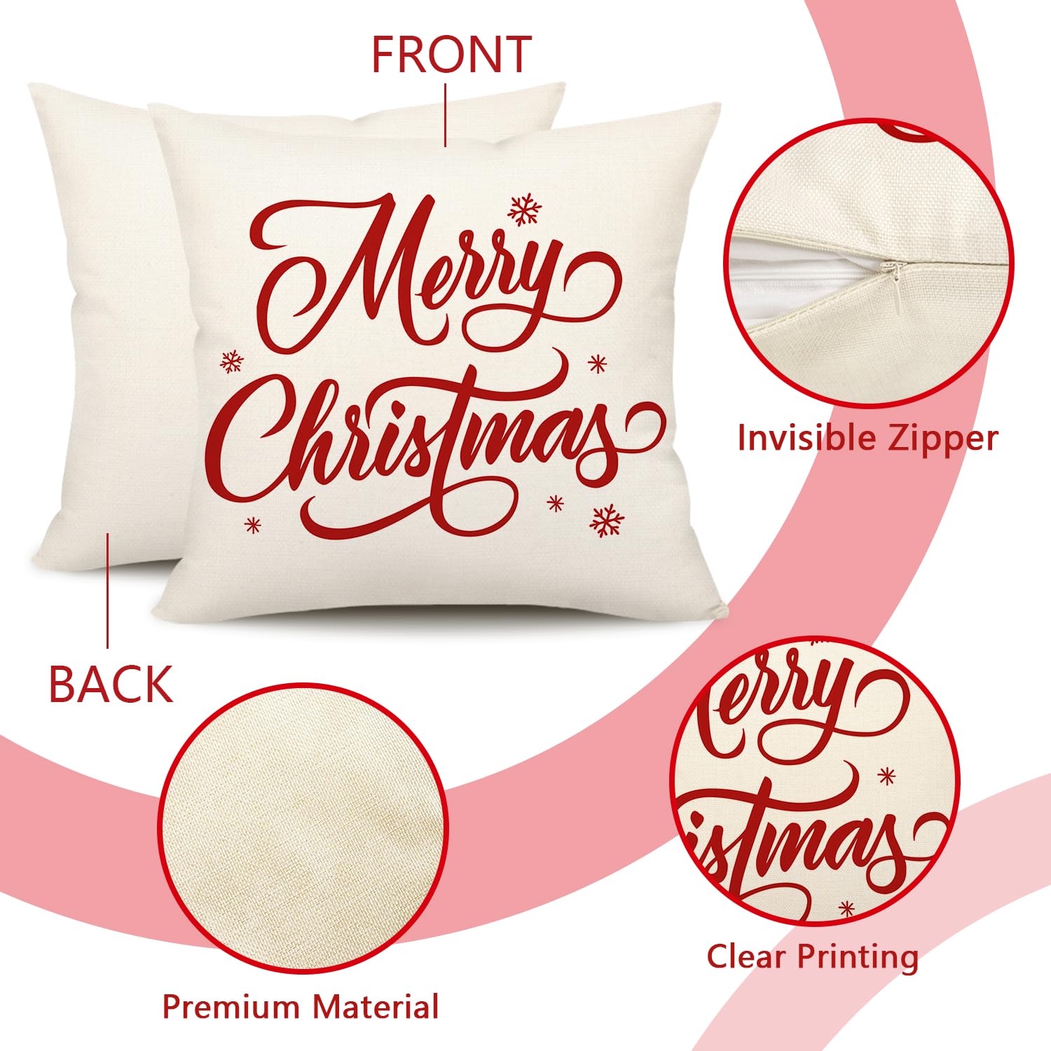 4TH Emotion Red Christmas Pillow Covers 18x18 Set of 4 Farmhouse Xmas Decorations Snowflake Hello Winter Holiday Decor Throw Cushion Case for Home Couch S24C17 4