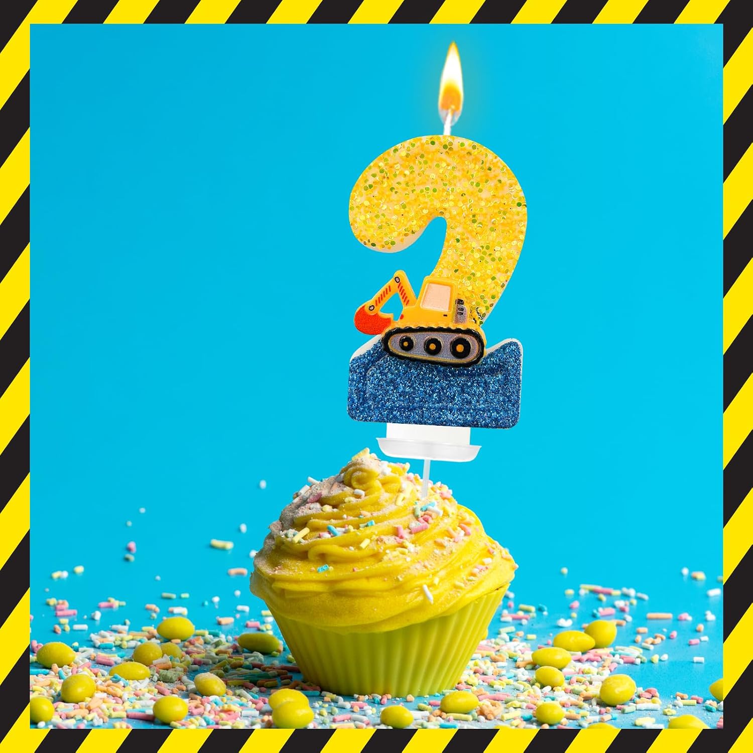 Construction Birthday Candle -Digger Birthday Candles Numbers，Number 2 Birthday Candles，Yellow & Blue Construction Party Decorations,Excavator Birthday Decorations for Kid's Party Celebration