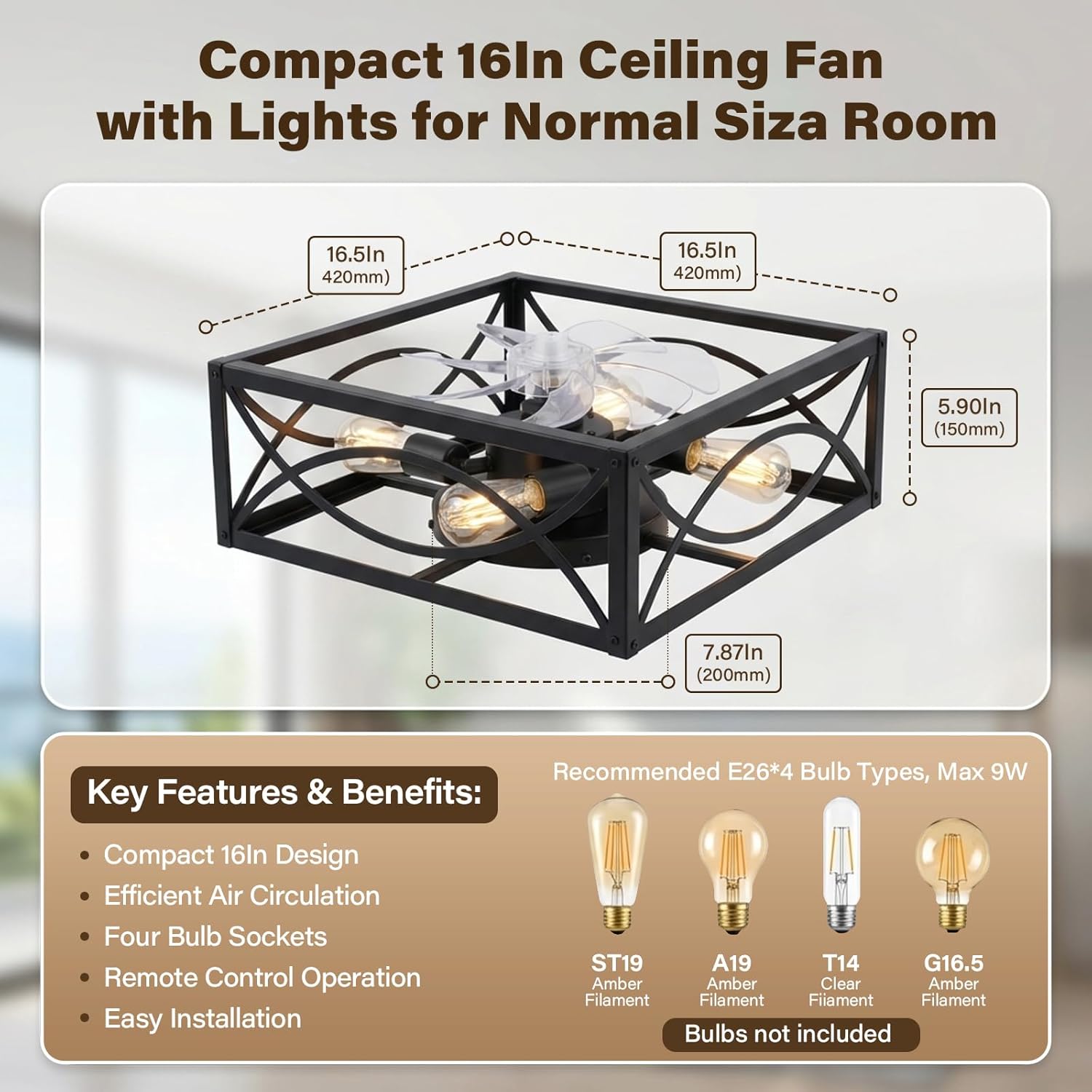 LIONVISON Caged Ceiling Fan with Lights: 16" Low Profile Flush Mount Fandelier with Remote - 6 Speeds 4H Timer for Young Couple Indoor Bedroom Kitchen Living Room Farmhouse Quiet Ceiling Fan
