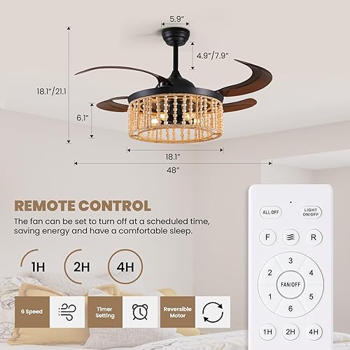 Miniatura 3 de Ventilador de techo retráctil de 48 pulgadas con luces y control remoto, ventilador de araña reversible bohemio con cuentas de madera, ventilador de