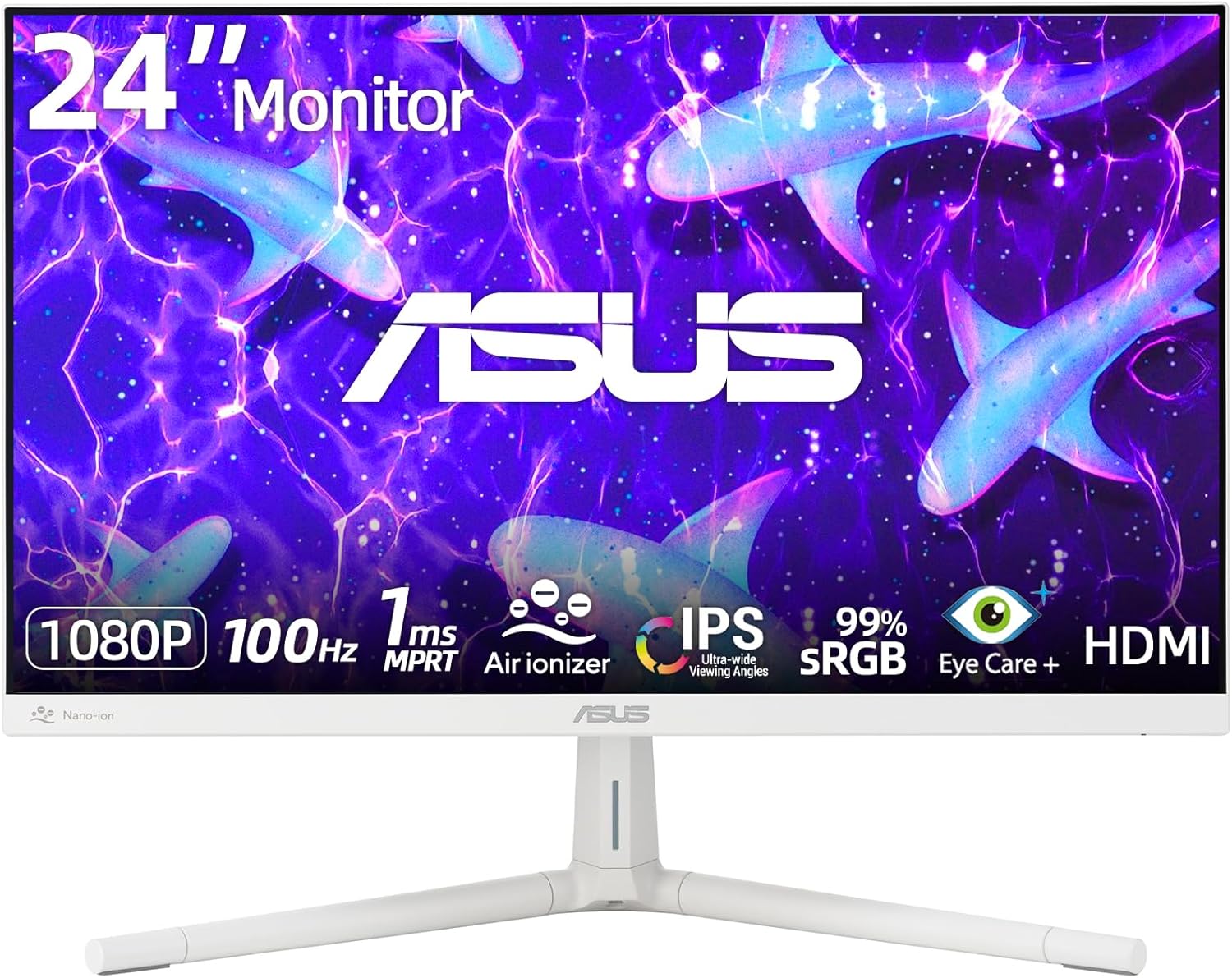 ASUS 24 Inch 1080P Business Monitor, Full HD IPS Display, 100Hz Refresh Rate, 1ms MPRT, Eye Care, Built-in Nano-ion Generator, SmoothMotion Adaptive Sync, HDMI x2, Height and Tilt Adjustable, White