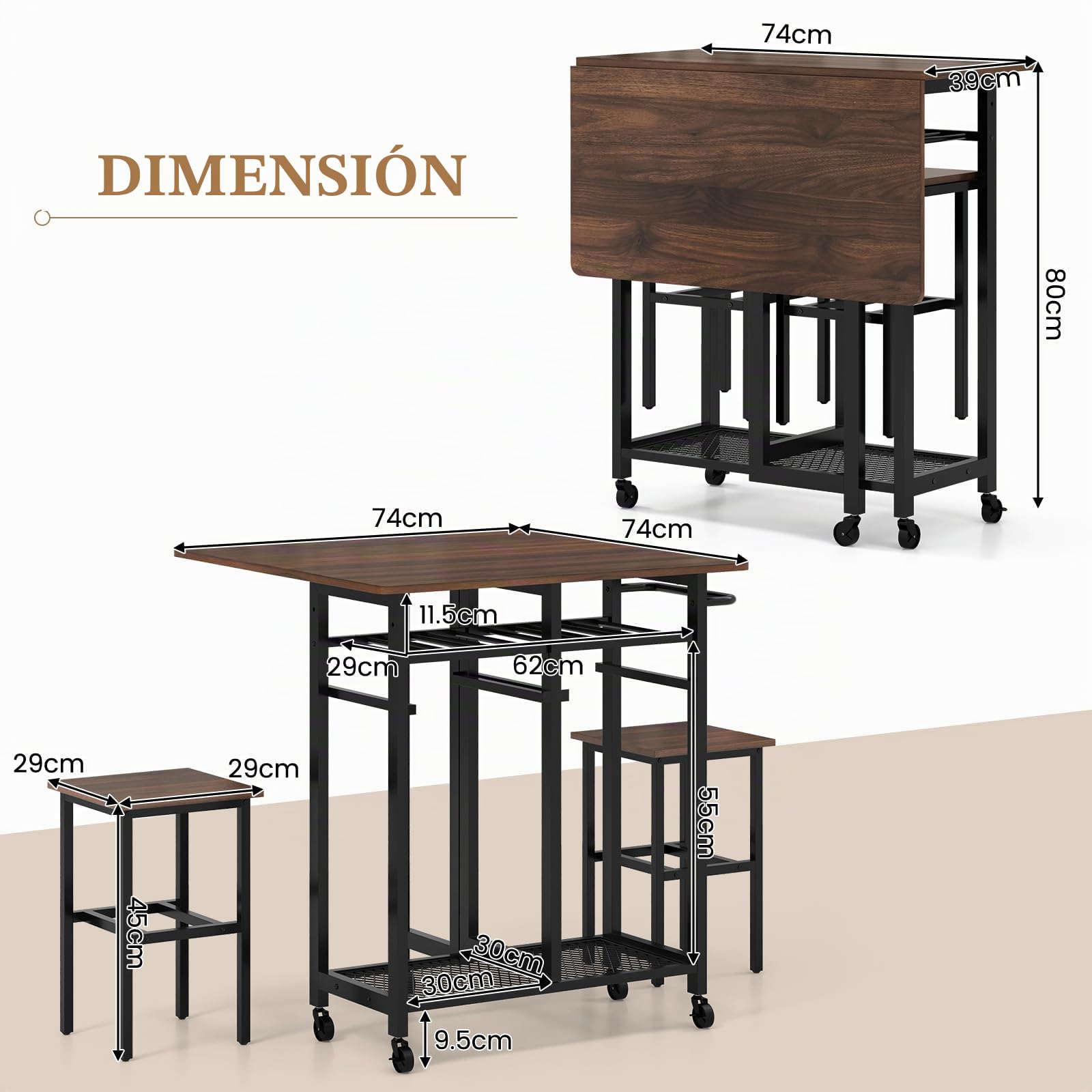 GIANTEX Carrito Móvil con Mesa Extensible de Hoja Abatible, Cuadrada Plegable de 3 Piezas con Estante para Vino, Estante Inferior y Manija de Empuje, 2 Taburetes y Ruedas Bloqueables(Nogal)