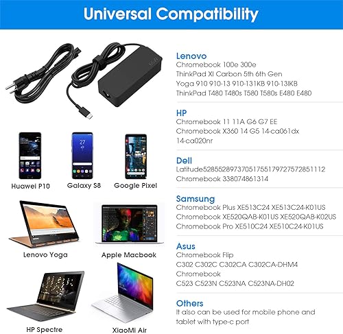 Miniatura 3 de Cargador adaptador de corriente alterna USB C de 65 W y 45 W para Lenovo Yoga 910 920 C630 C930 S940 Chromebook 300E 500E C330 C340 S330 ThinkPad
