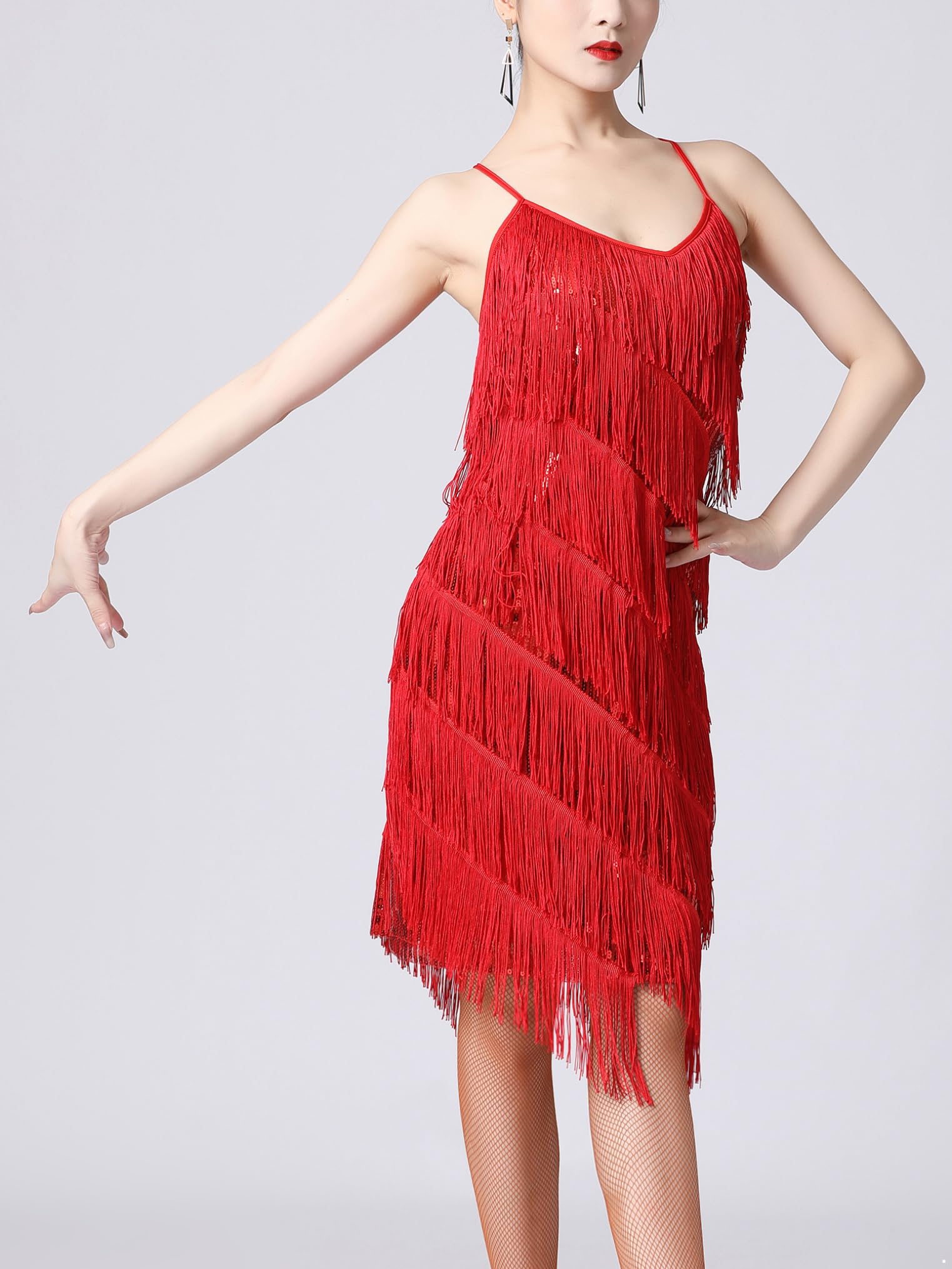 Freebily Robe Danse Tango Latine Femme Robe Année 1920 Franges Flapper Élégant Costume Charleston Robes Soirée Bal Fête V Cou Paillette