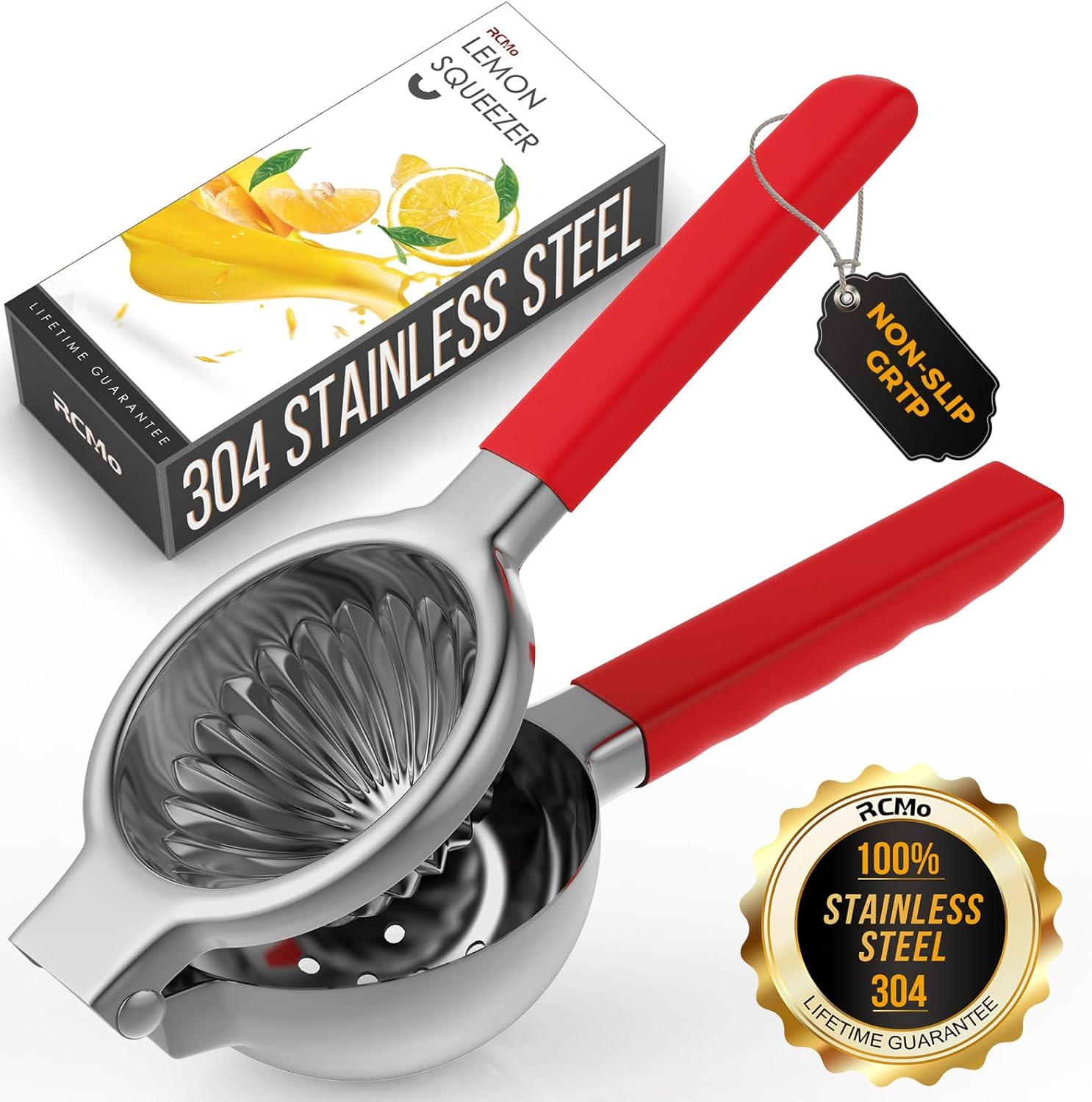 Stainless Steel Lemon Squeezer - Metal Citrus Juicer - Lime Lemon and Fruit Juicer with Silicone Handles - Large Manual Citrus Press Juicer - Hand Held Squeezer - Ergonomic Design with Solid