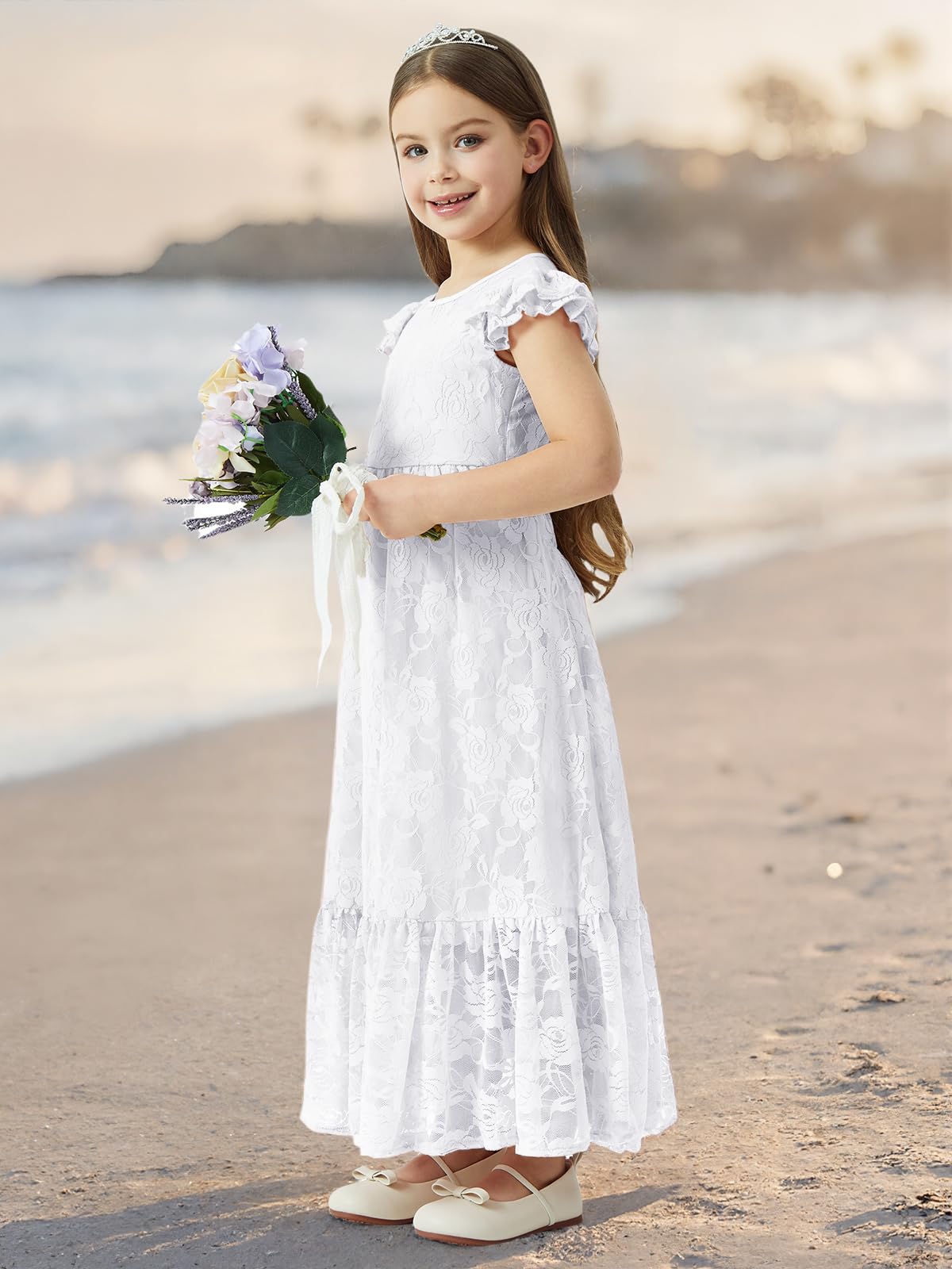 ALLOVIN Abito da Damigella in Pizzo a Maniche Lunghe per Pasqua per Bambine e Ragazze, Matrimonio, Battesimo, Prima Comunione, Maxi Boho Linea A 3-12 Anni