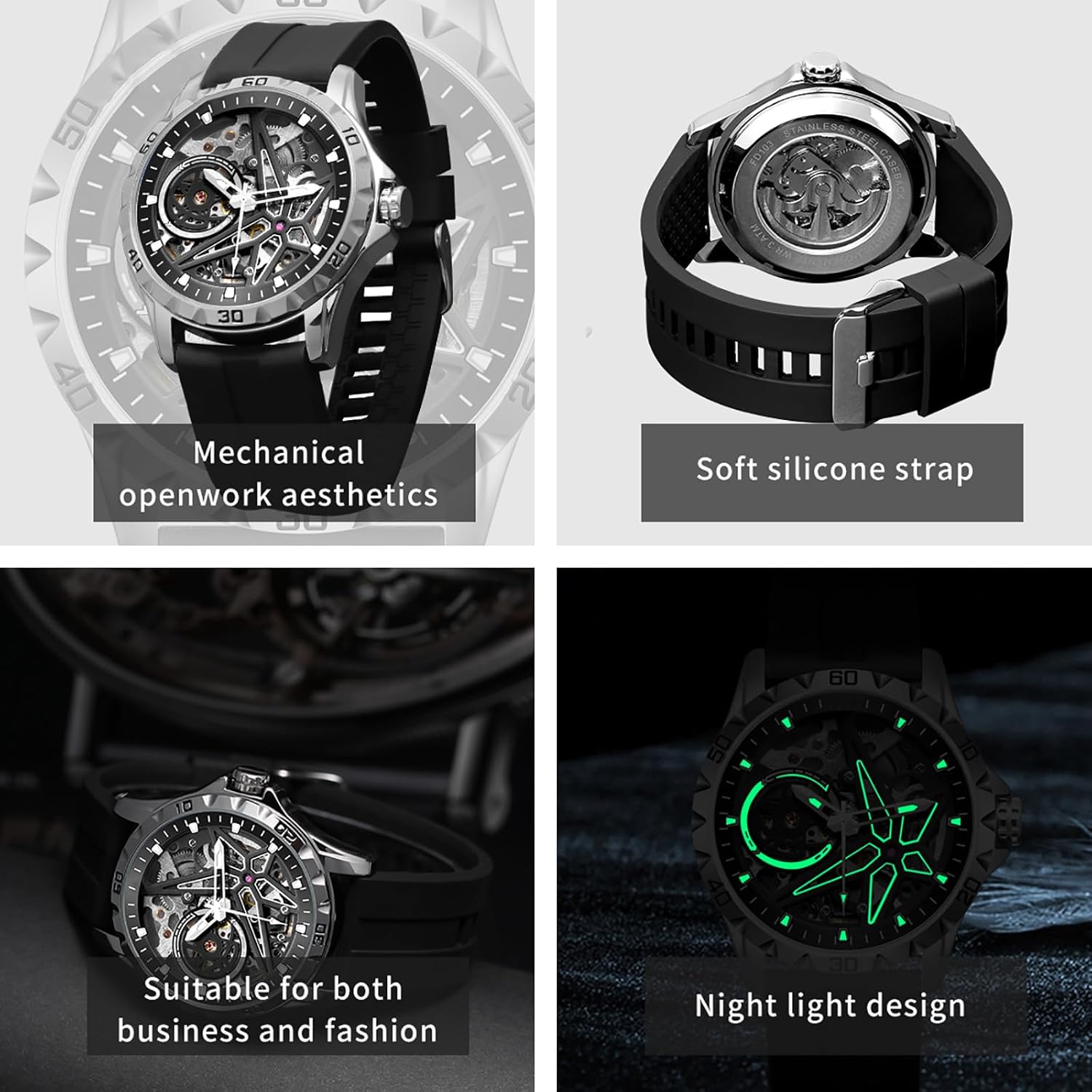 FIDI Men's Automatic Mechanical Watch with Skeleton Design, 3ATM Water Resistance, Glow-in-The-Dark Hands, Silicone Strap and Alloy Case Skeleton Mechanical Watch - Image 8
