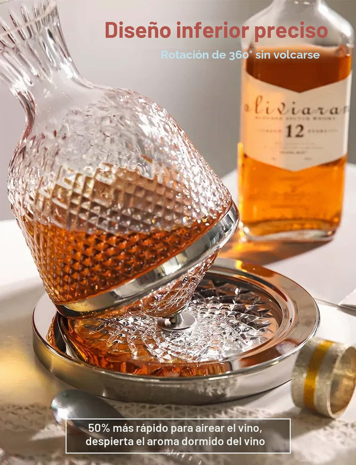 Decantador de vino, decantador de whisky, decantador de vino giratorio 360°, 1,5 l, jarra de vino de whisky, decantador de cristal sin plomo, regalo para los amantes del vino, regalos de