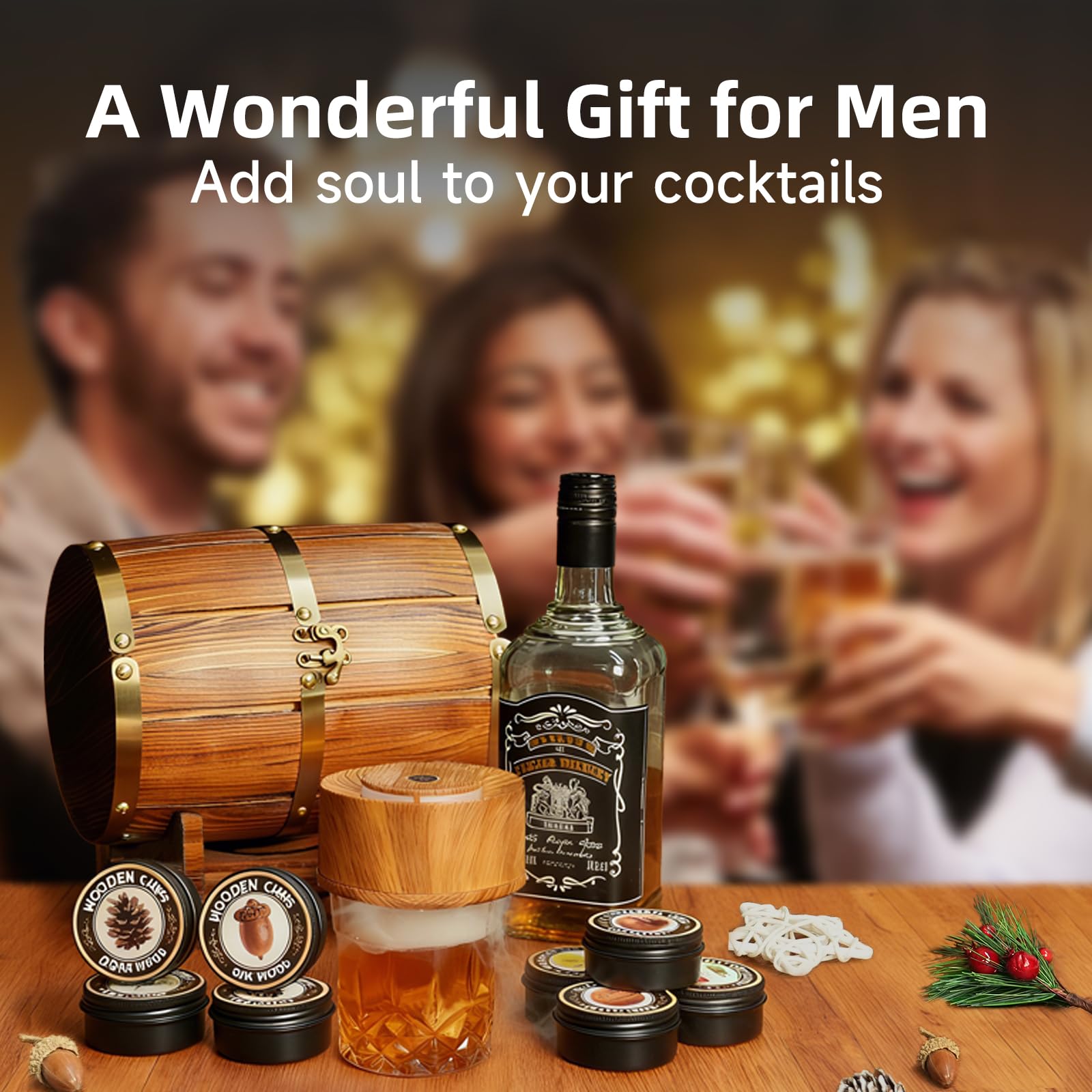 Kit per affumicare whisky con custodia in legno, affumicatore elettrico per cocktail e trucioli di legno da 8 gusti, kit per affumicatore vecchio stile Bourbon regali per uomini