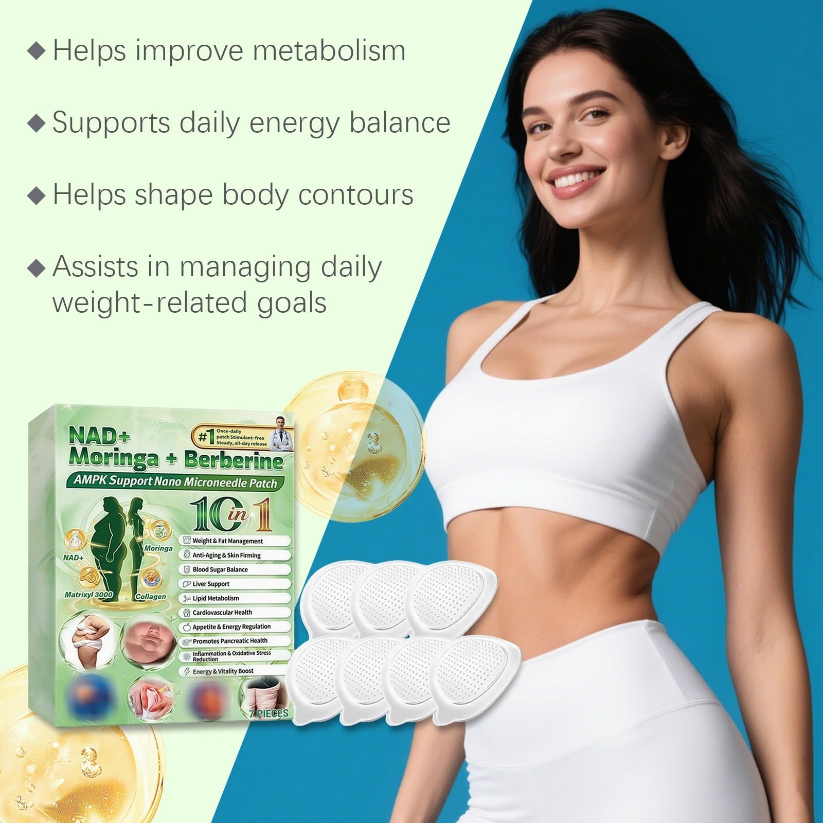 Plaster Moringa x Berberine 10 w 1, Nano Microneedle Odchudzająca naszywka, naturalne składniki, łatwa w aplikacji, niewidoczna pod ubraniem, idealna dla mężczyzn i kobiet