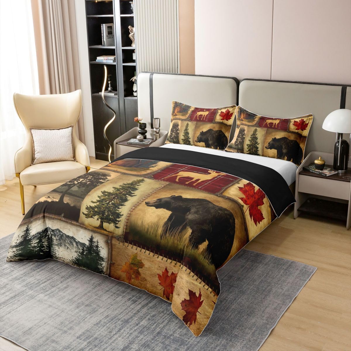 Rustic Farmhouse 100% Cotton Duvet Cover Queen, Retro Cabin Lodge Bedding Set, Hunting Bear Deer Comforter Cover, Country Maple Leaves Bed Set, Rustic Woodland Pine Tree Quilt Cover, Red Brown, 3Pcs