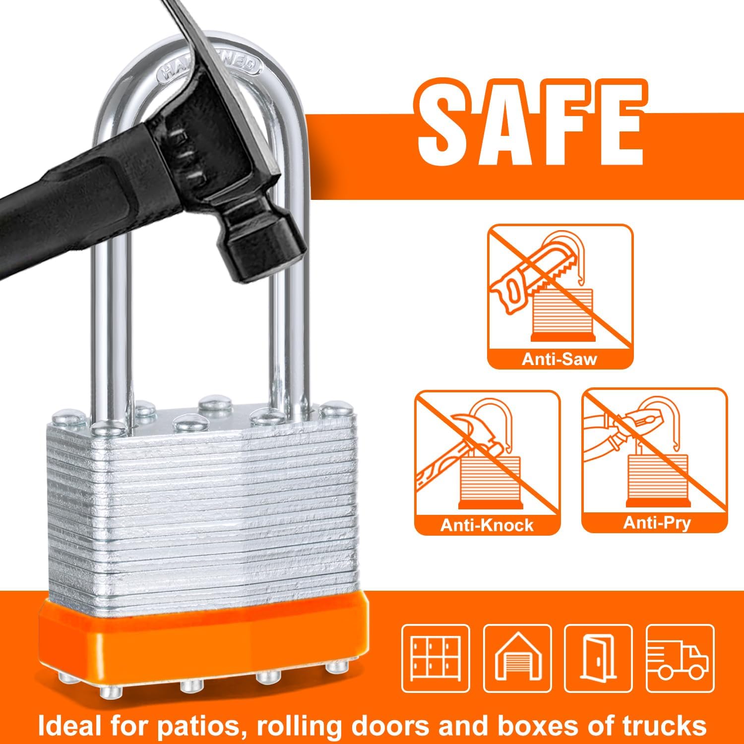12Pcs Padlocks with Same Keys,Laminated Steel Orange Silver(1-9/16",40mm),Long Shackle for Sheds,Gates,Fences,Toolbox,Outdoor and Indoor Use